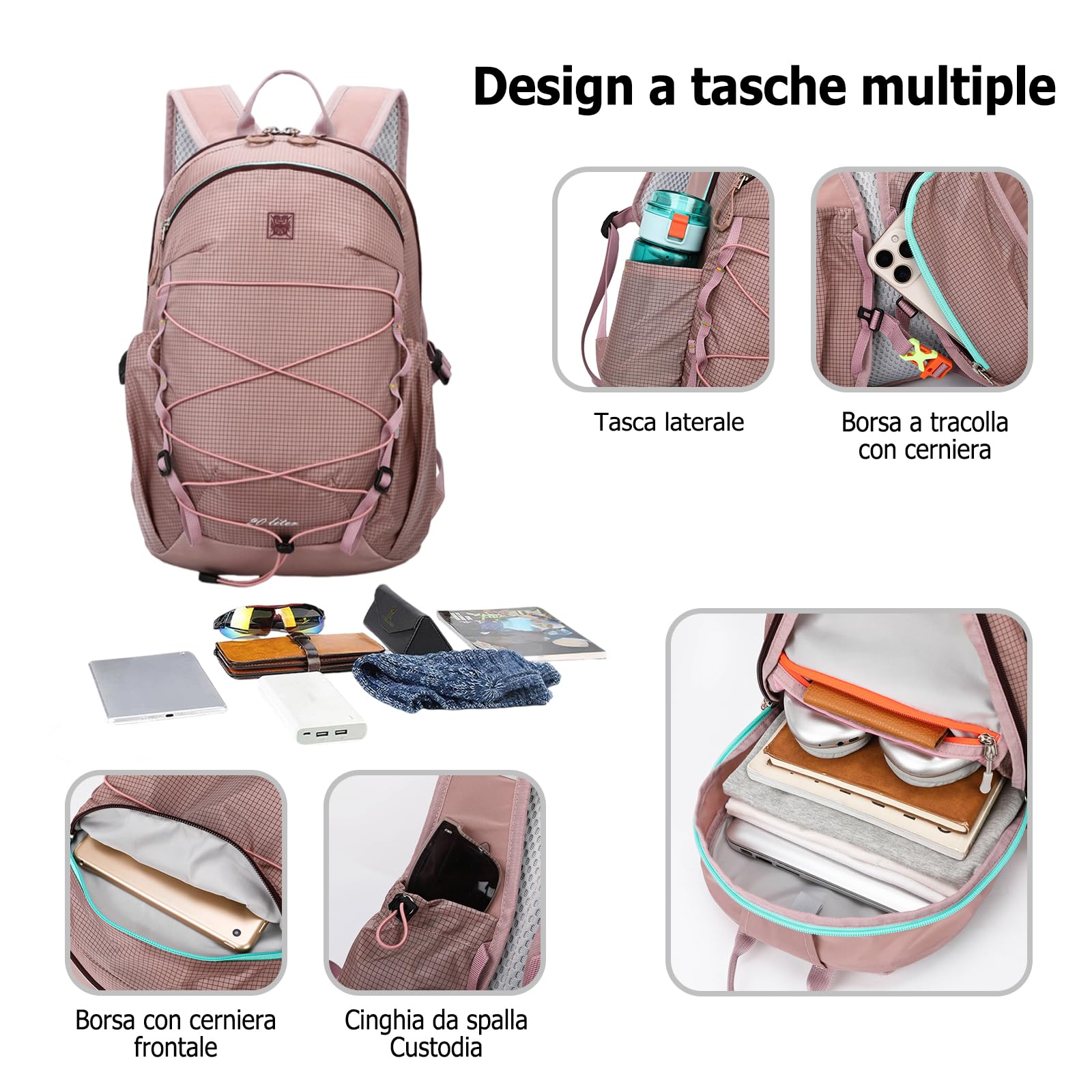 Zaino Outdoor Leggero 25L Zaino di Giorno in Nylon Impermeabile Zaini Traspirante con Scomparto per Idratazione per Escursionismo Viaggi Uso Quotidiano Nero