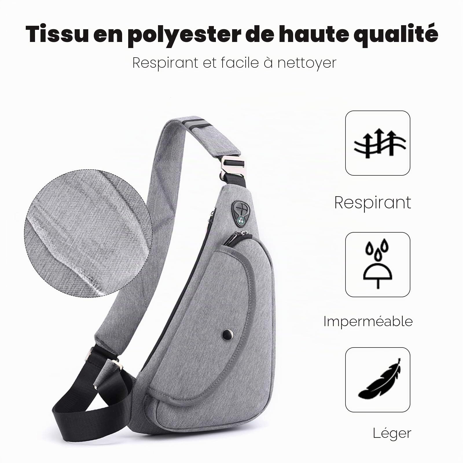 FANDARE Ultra-léger Sac de Poitrine Homme Sacoche Bandouliere Léger Sling Bag Garçon Sac d'Epaule pour Voyage Sport Randonnée Vélo Camping Excursion Sac Poitrine Gris A
