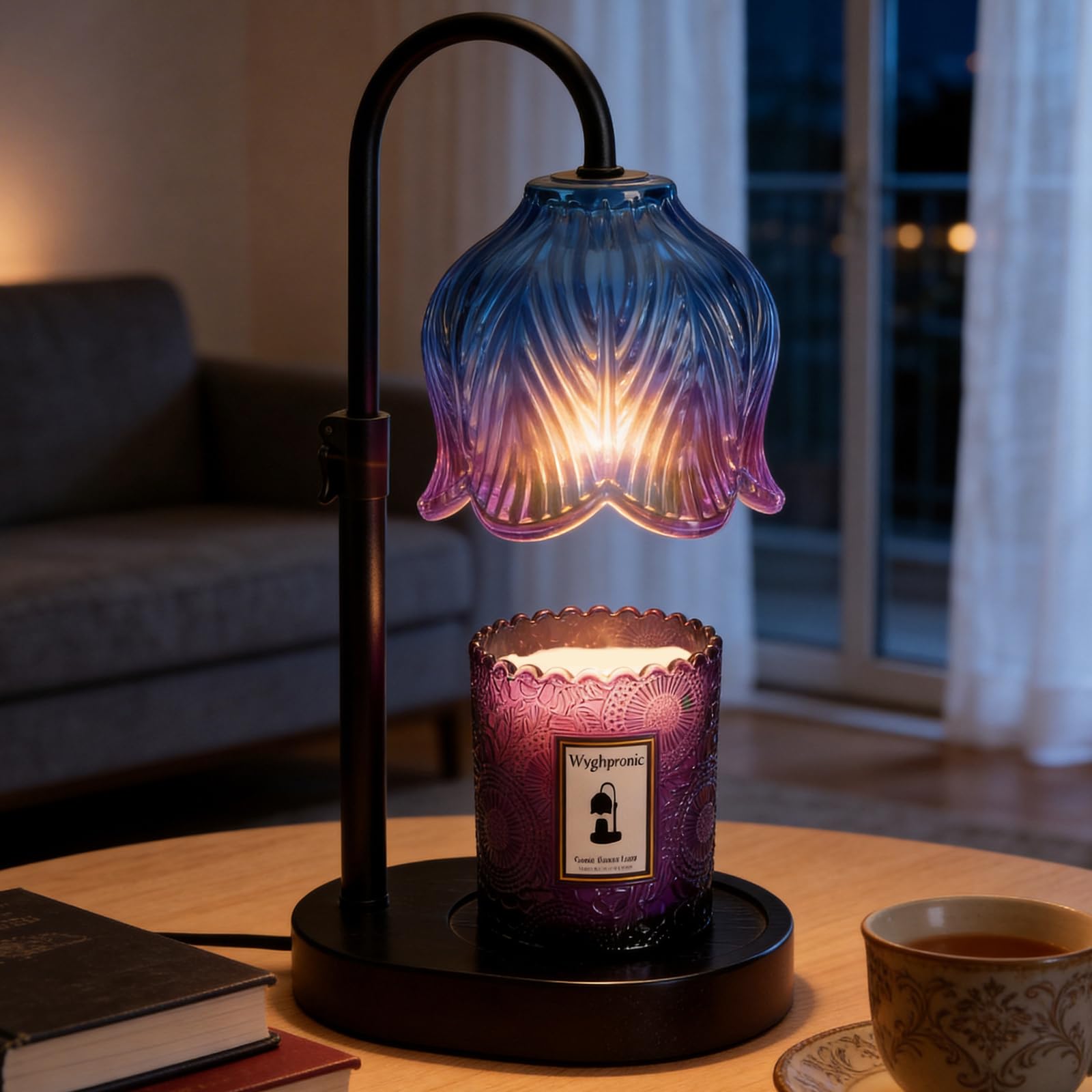 Lámpara calentadora de velas con altura ajustable, calentador de cera regulable de 4 niveles sin llama, función de temporizador y diseño elegante en varios colores (azul-morado)