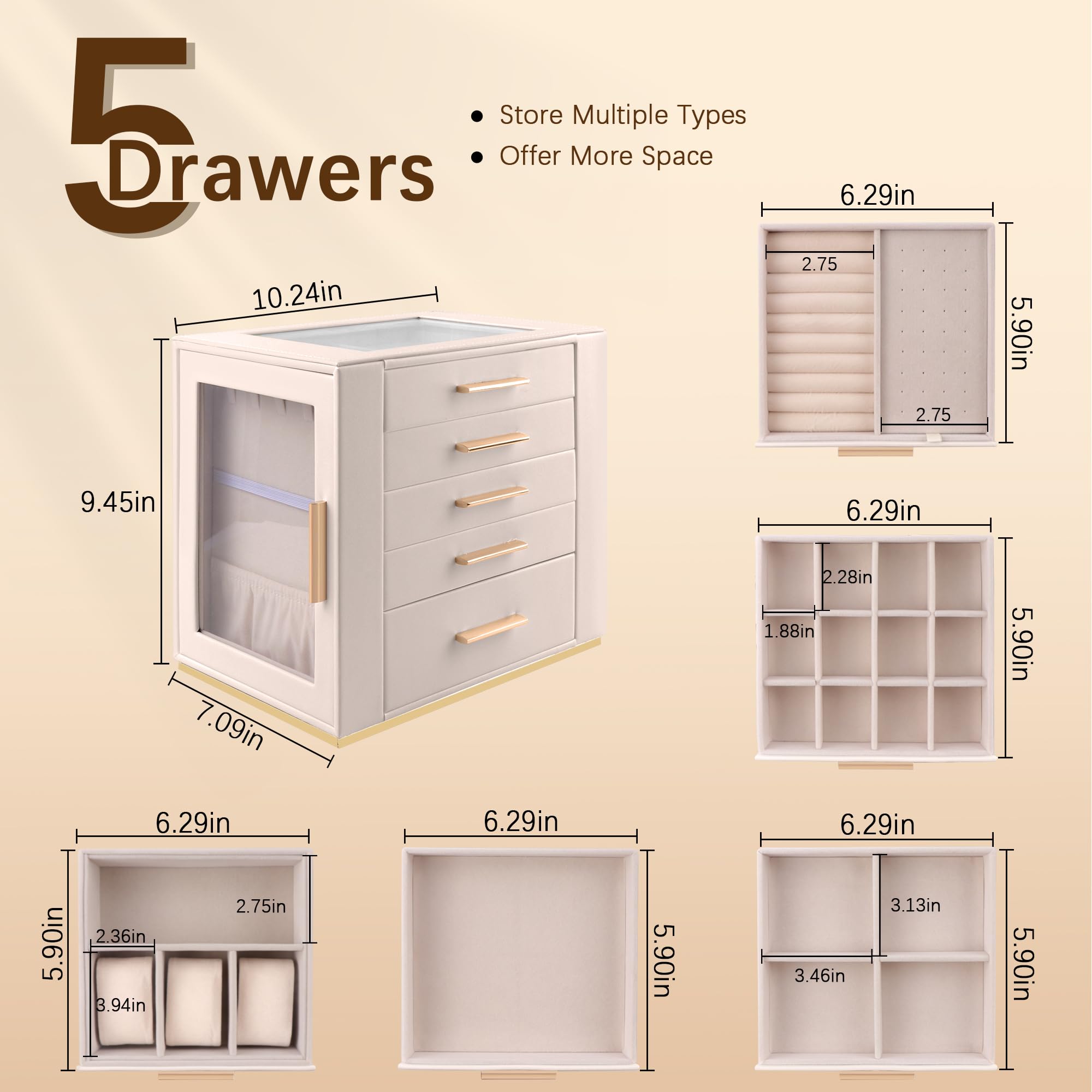 Homeanda Großes Schmuckkästchen für Frauen - 5 Lagen PU Leder Aufbewahrungsbox für Ringe, Ohrringe, Halsketten, Armbänder, Uhren & Haarschmuck（Beige）