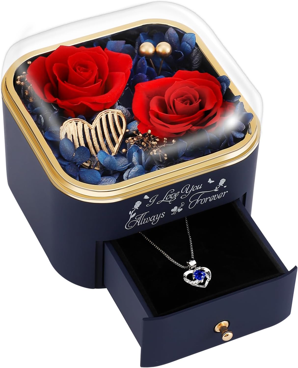 Preserved Rose Gift Box with Necklace for Women, Forever Real Rose Jewelry Box for Mom Wife Girlfriend, Red Flower Box for Mothers Day