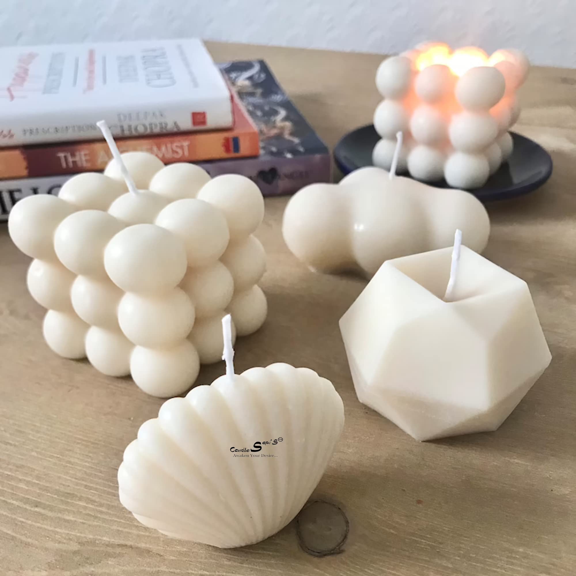 Sapi'S Combo of Scented Big Bubble, Cloud Bubble, Geometrical Candle & Seashell Candle, Smooth Scented for Home Decoration, Diwali, Valentine's Day, Candle Night Dinner, Pack of 4 (White)