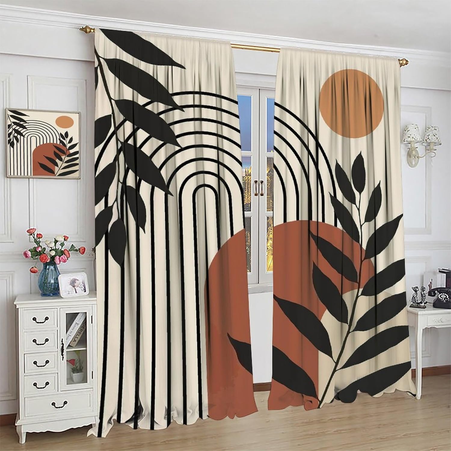 Mid Century Abstract Blackout Window Curtains, Boho Sun Leaves Modern Pattern Rod Pocket Window Drapes, for Living Room Bedroom 21(W)*54(L) 2 Panels
