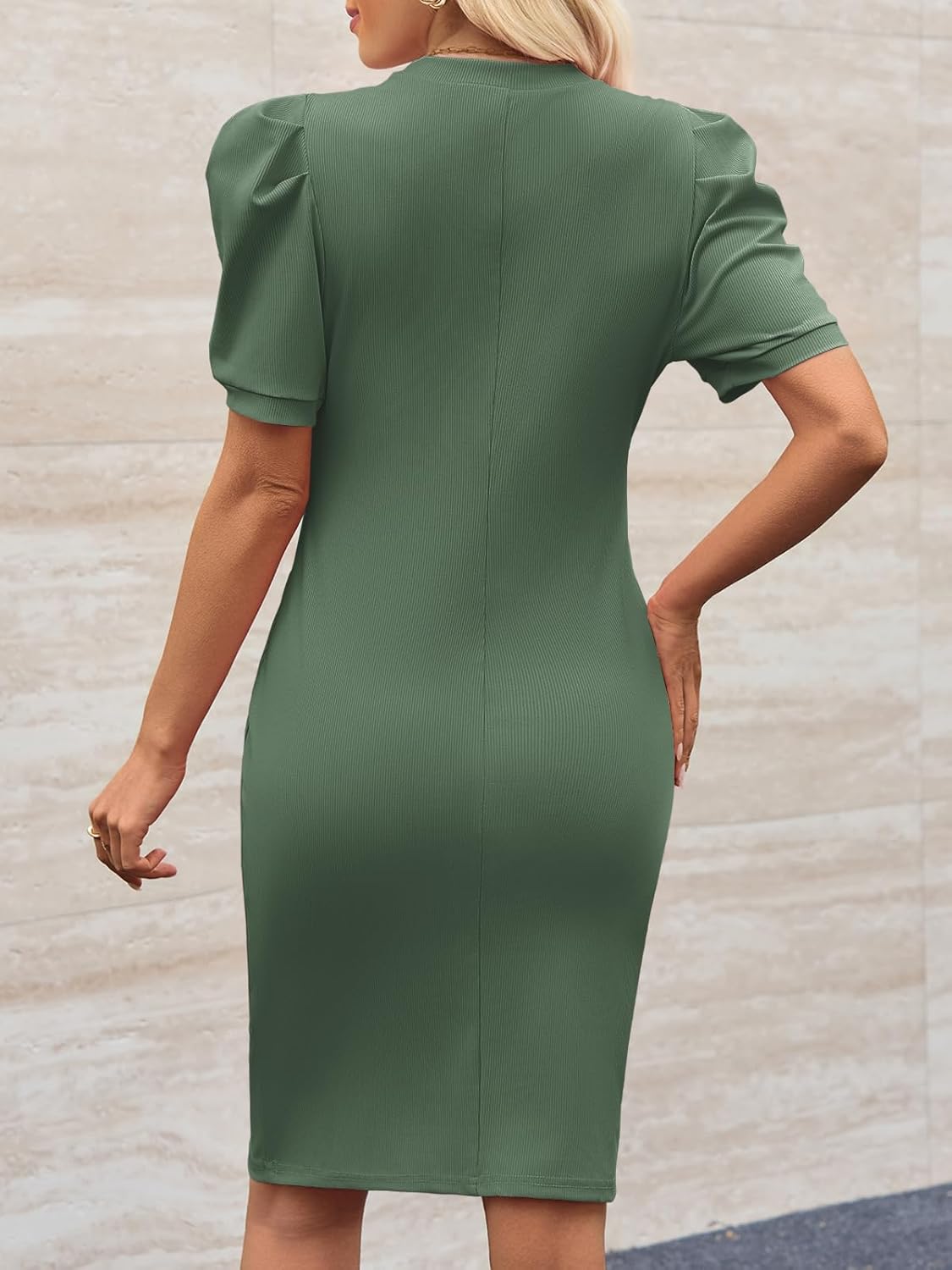 Cicy Bell Women's Puff Sleeve Bodycon Work Dresses Crew Neck Business Casual Office Pencil Dress - Image 6