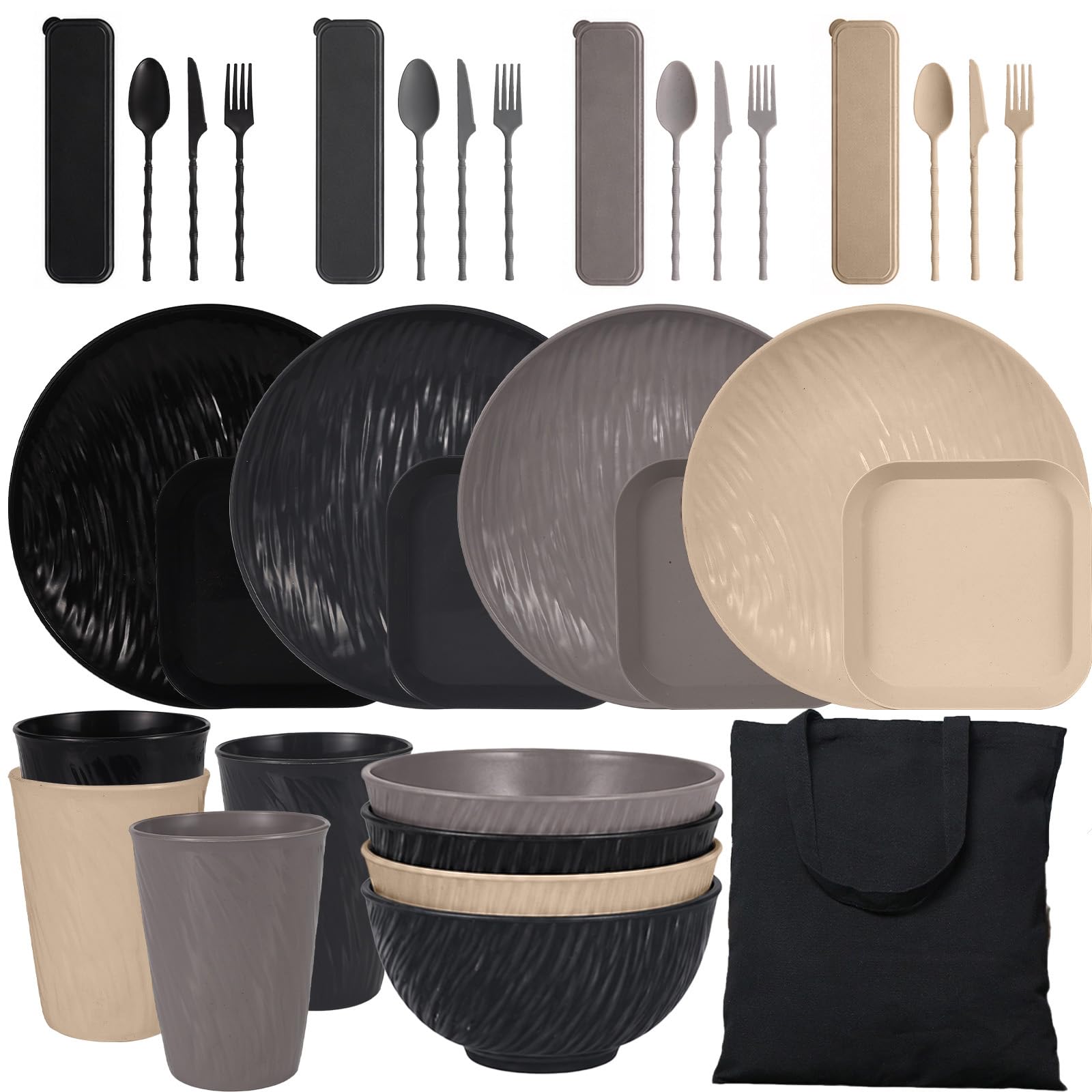 YESAH Unbreakable Dinner Set for 4,Camping Tableware Set with Plates,Bowls,Cups,Cutlery and Carry Bag,Lightweight Reusable Plastic Neutral Picnic Dinner Set for Camping,Caravan,BBQ,Hiking and Travel