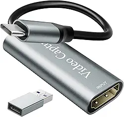 VIXLW Placa de captura de vídeo, USB 3.0 HDMI para USB C, 4K 1080P 60FPS, placa de gravação de vídeo para transmissão ao vivo de jogos, para sistema Windows/Mac OS com adaptador USB C para ajustar PS4