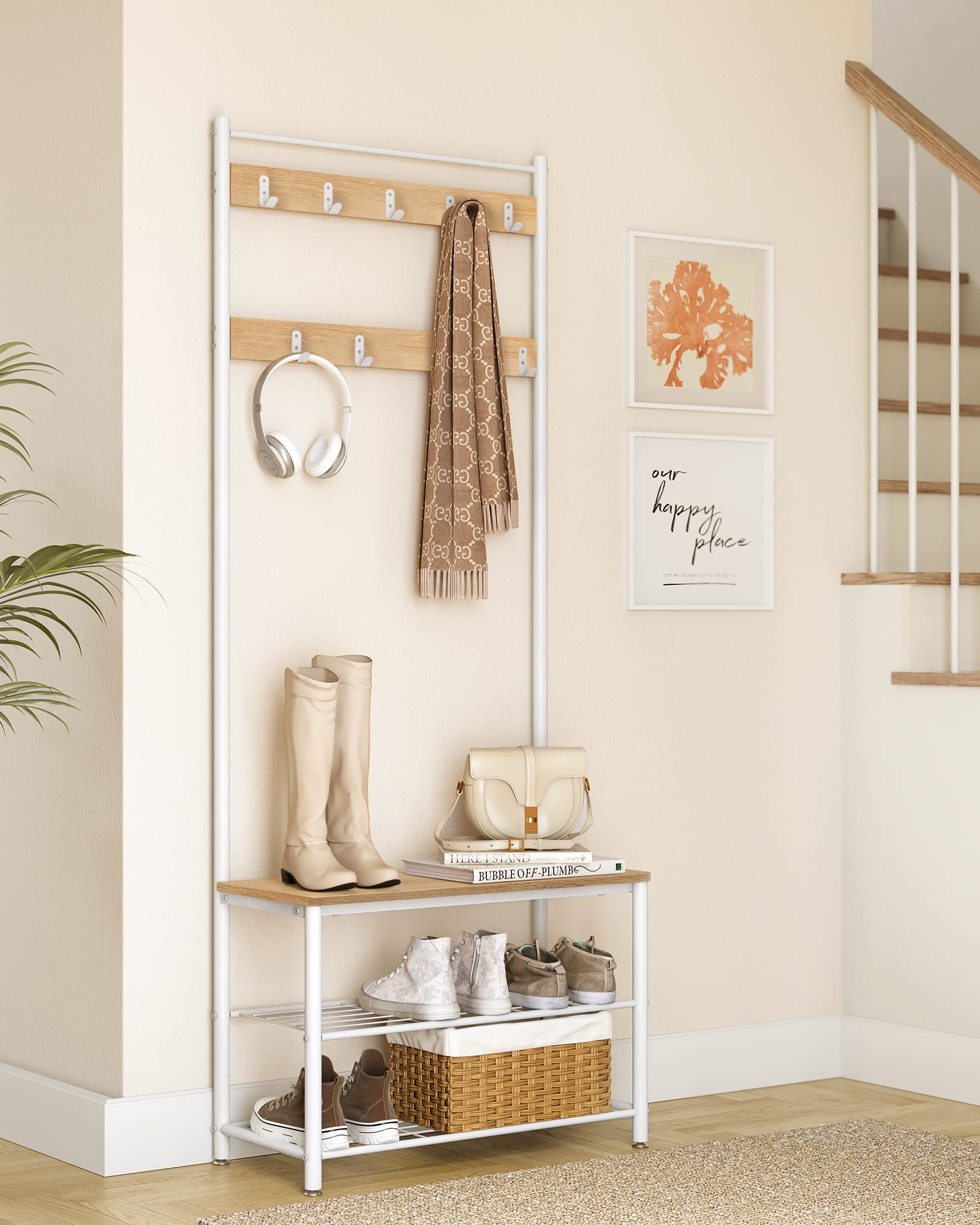 VASAGLE Appendiabiti con Scarpiera, Mobile da Ingresso con Panca, 3 in 1, Struttura in Acciaio, per Entrata Corridoio, 32 x 70 x 177 cm, Stile Moderno, Rovere e Crema HSR041W09