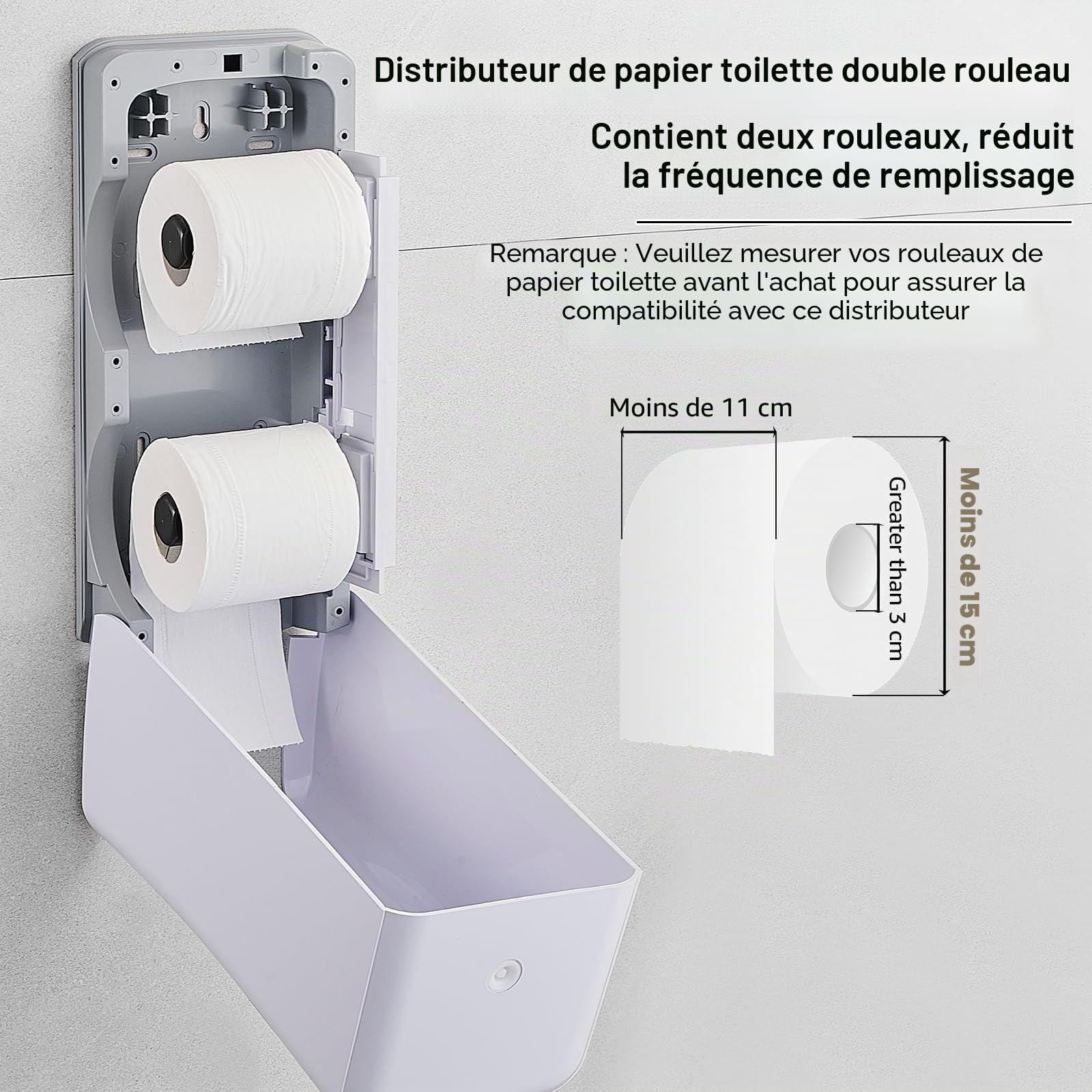 Pollock Distributeur Murale Double pour Papier Toilette, Distributeur de Papier Toilette 2 Rouleaux | avec verrou | sans perçage | Grande capacité | Mural Double Rouleau, pour Usage Commercial, Blanc