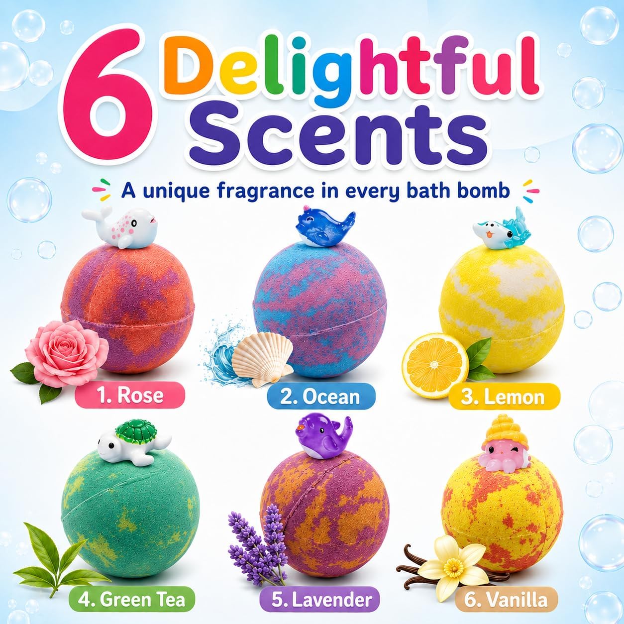 Bath Bombs for Kids with Surprise Inside, 6 PCS Bath Bombs Gift Set with Sea Animal Toys, Fizzy Bubble Bath Bombs with 6 Scents for Girls Ages 3+, Kids Bath Bombs for Toddler Christmas Birthday Gifts