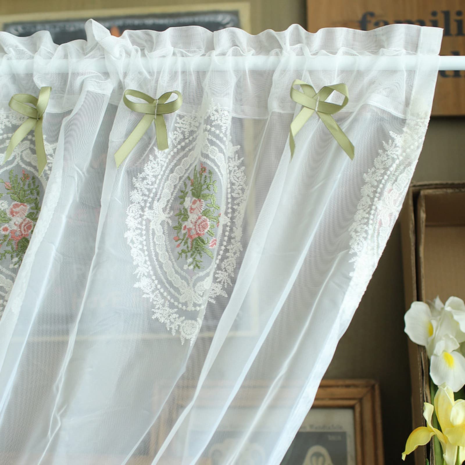 A.Monamour Tenda Corta per Finestra Piccola Voile Bianco Ricamo In Pizzo Floreale Trasparente Con Fiocco Tendina Tenda da Cucina Bistrot Caffè Mezza Tenda Mantovana Tenda a Vetro Tenda a Pannello