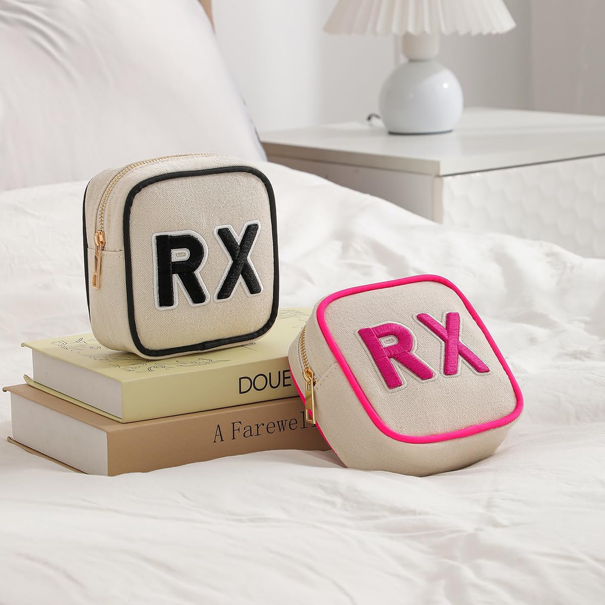RSRSLEII 2Pcs Small Canvas Rx MEDS Medicine Packages, Cute Chenille Letter Patch Drug Makeup Bag with Metal Zipper, Mini Travel First Aid Purse Organizer Machine Washable (06 2pcs Hot Pink)