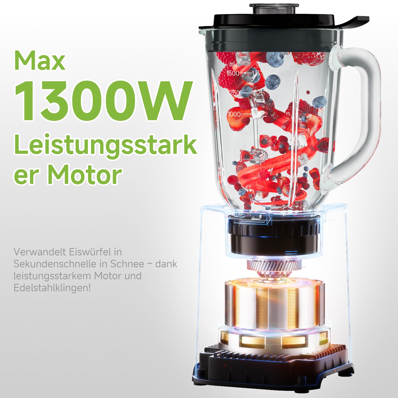 Biolomix Smoothie Maker, 1300 W, 1,5 l, mikser stojący | Z ostrzem ze stali nierdzewnej, nadaje się do koktajli, koktajli mlecznych, sosów (TB003)