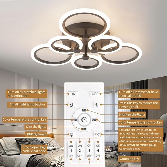 Modern 6 Rings Flush Mount Ceiling Light Fixture, Dimmable 3000K-6500K Black with Remote for Living Room, Bedroom, Dining Room, Office [Energy Class E]