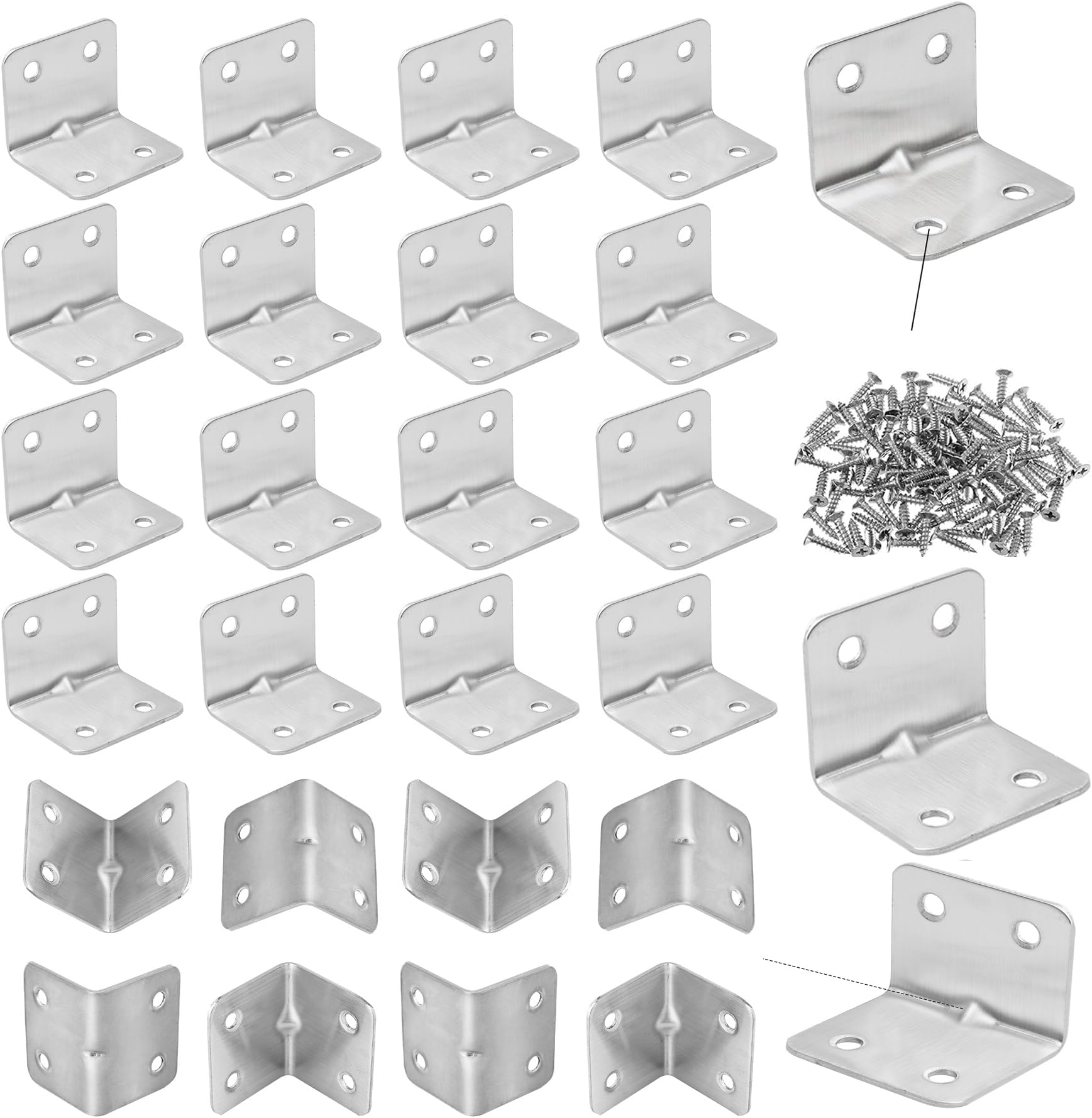 24 PCS Corner Brackets for Wood, Right Angle Bracket with Screws L Shaped Stainless Steel Corner Brace 90 Degree Plate Fastener Brackets for Furniture Shelf Fence Fixing