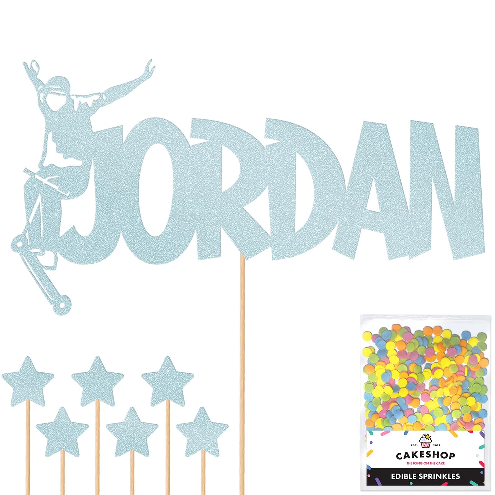 Personalised No Hander Trick Stunt Scooter Glitter Cake Topper - Light Blue Custom Name Glitter Cake Decoration and Sprinkles - Happy Birthday Decorations - Personalised Toppers for Cakes by Cakeshop