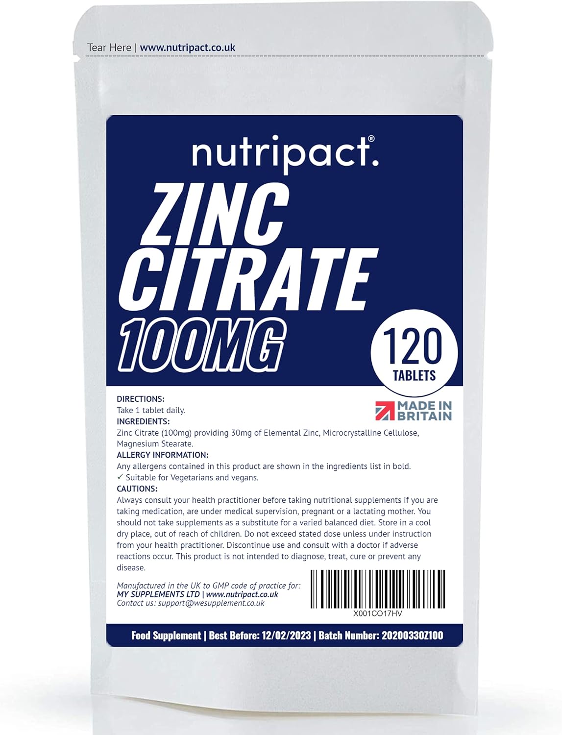 Zinc Citrate 100mg Max Strength Tablets 120 Pack 4 Month Supply