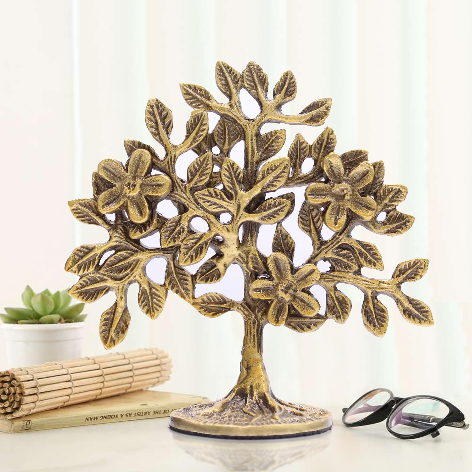 TIED RIBBONS Handmade Brass Kalpavriksha Tree of Life Success (15.2 x 15.2 Cm, Gold) Good Luck Vaastu Fengshui Showpiece for Home Décor Table Top Tableware Office Living Room Gifting