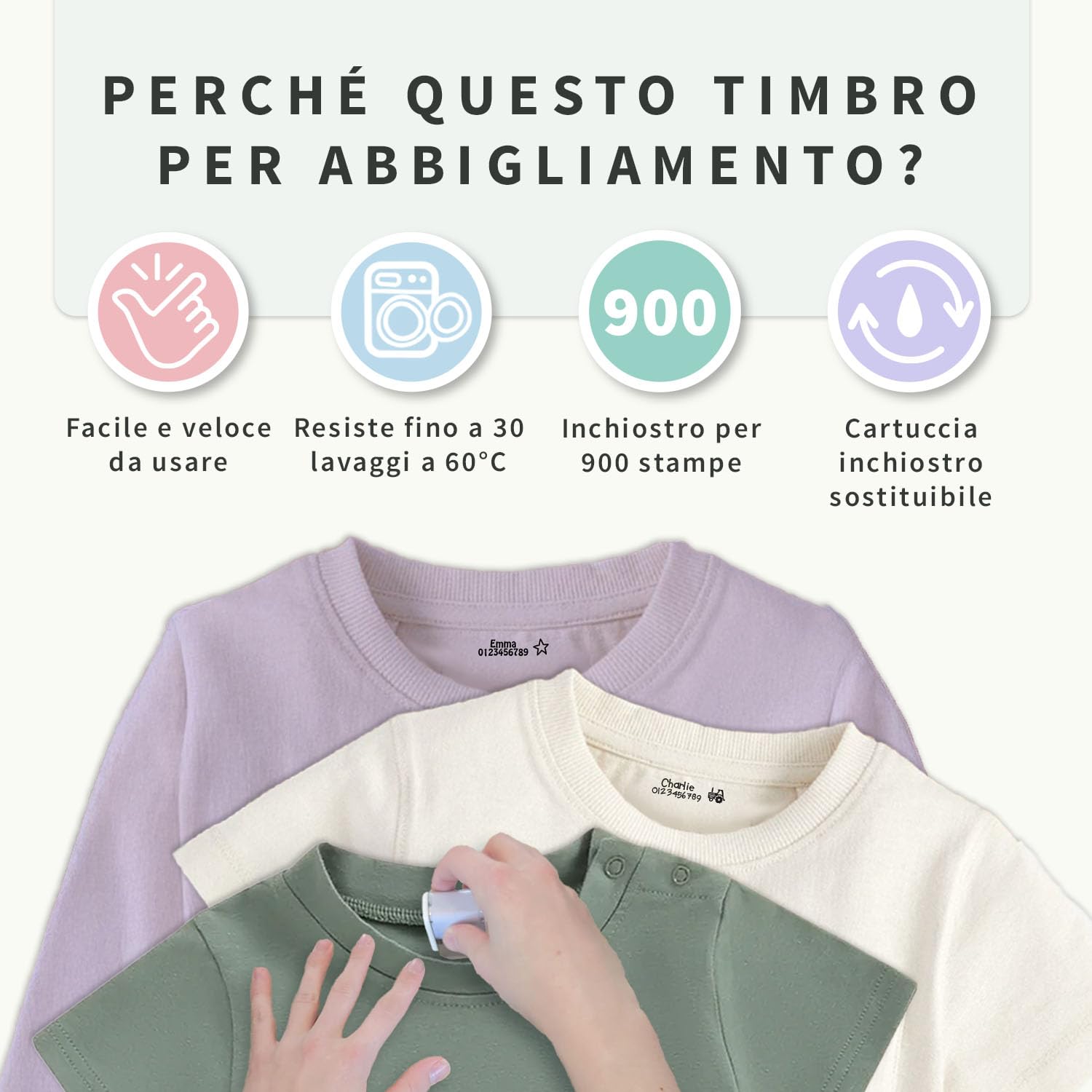 Stellasticker - Timbro tessile personalizzato con 2 righe – timbro nome per vestiti bambini – inchiostro resistente ai lavaggi – ideale per scuola, asilo e abbigliamento – fino a 900 utilizzi