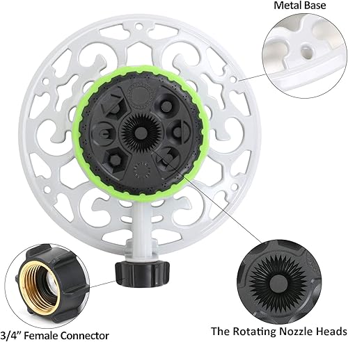 Miniatura 9 de STYDDI Rociador de césped de torreta de metal de 9 patrones, rociador de jardín de 9 patrones con base de metal resistente, ideal para áreas de