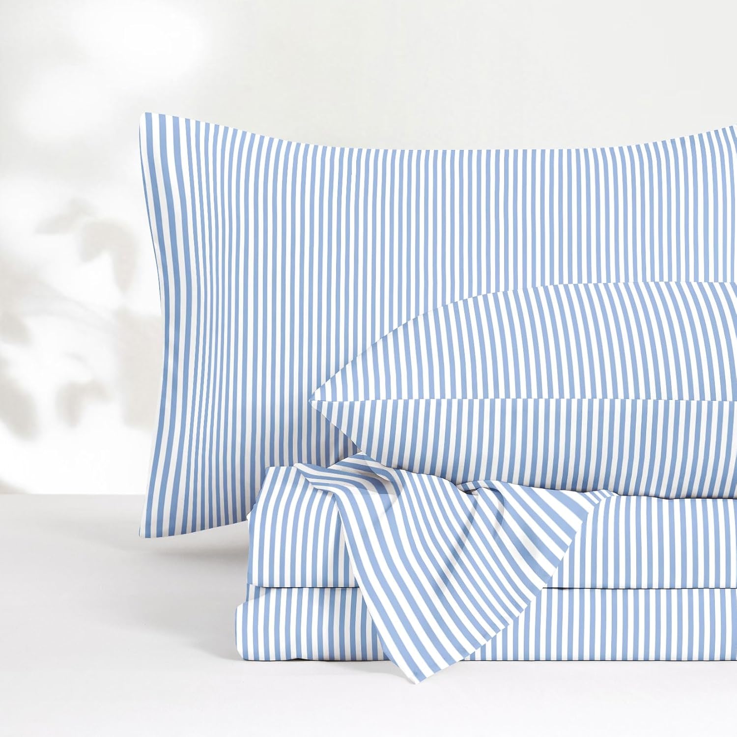 Wake In Cloud - Striped Bed Sheets, 4-Piece Sheet Set, Ticking Vertical Pin Stripe Modern Farmhouse Pattern Printed Bedding, Deep Pocket, Blue White, Full Size