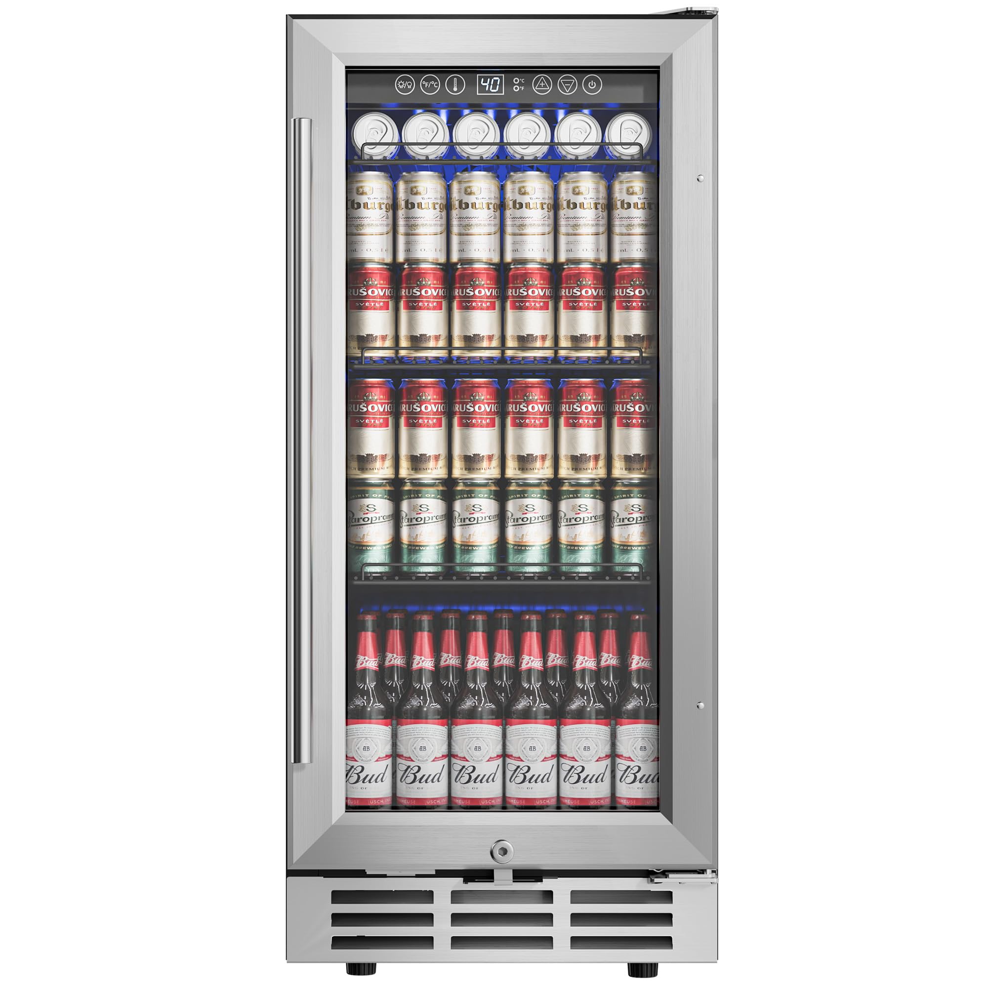 15'' Beverage Refrigerator Cooler - 126 Cans Under Counter Beverage Fridge with LED Light, Built-in Design, Wine Cooler for Home/Kitchen