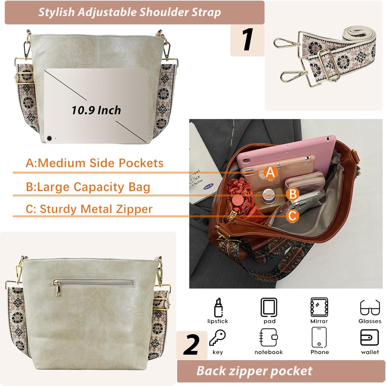 Hobo Bags Vegan Leather Crossbody Bag Guitar Strap Shoulder Purses with Zipper Handbags for Women