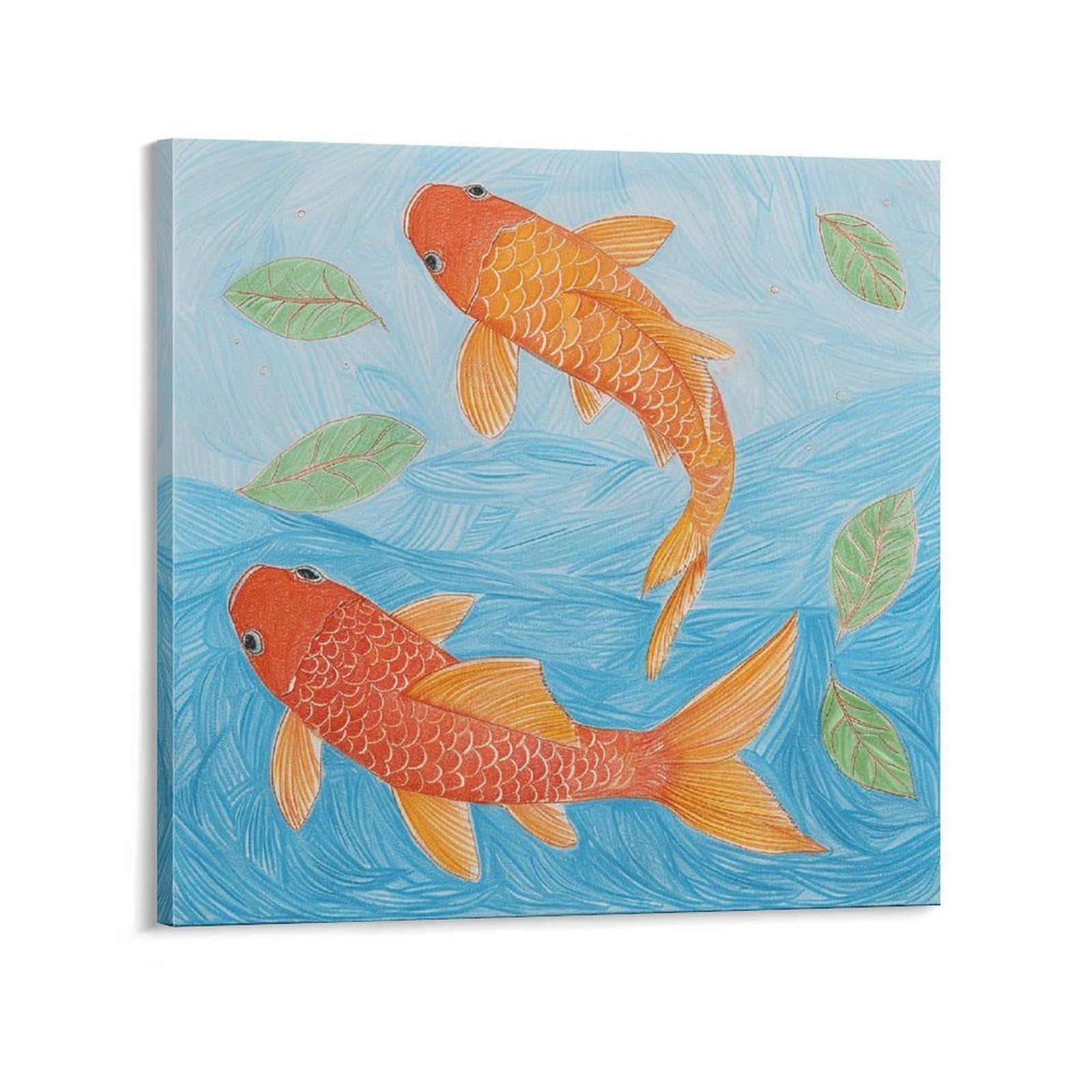 Orange Fish Pattern Canvas Wall Art for Bedroom 24x24inch(60x60cm) Canvas Prints Artwork for Walls Modern Picture Artwork Painting for Living Room Aesthetic Wall Paintings for Bathroom Kitchen Office