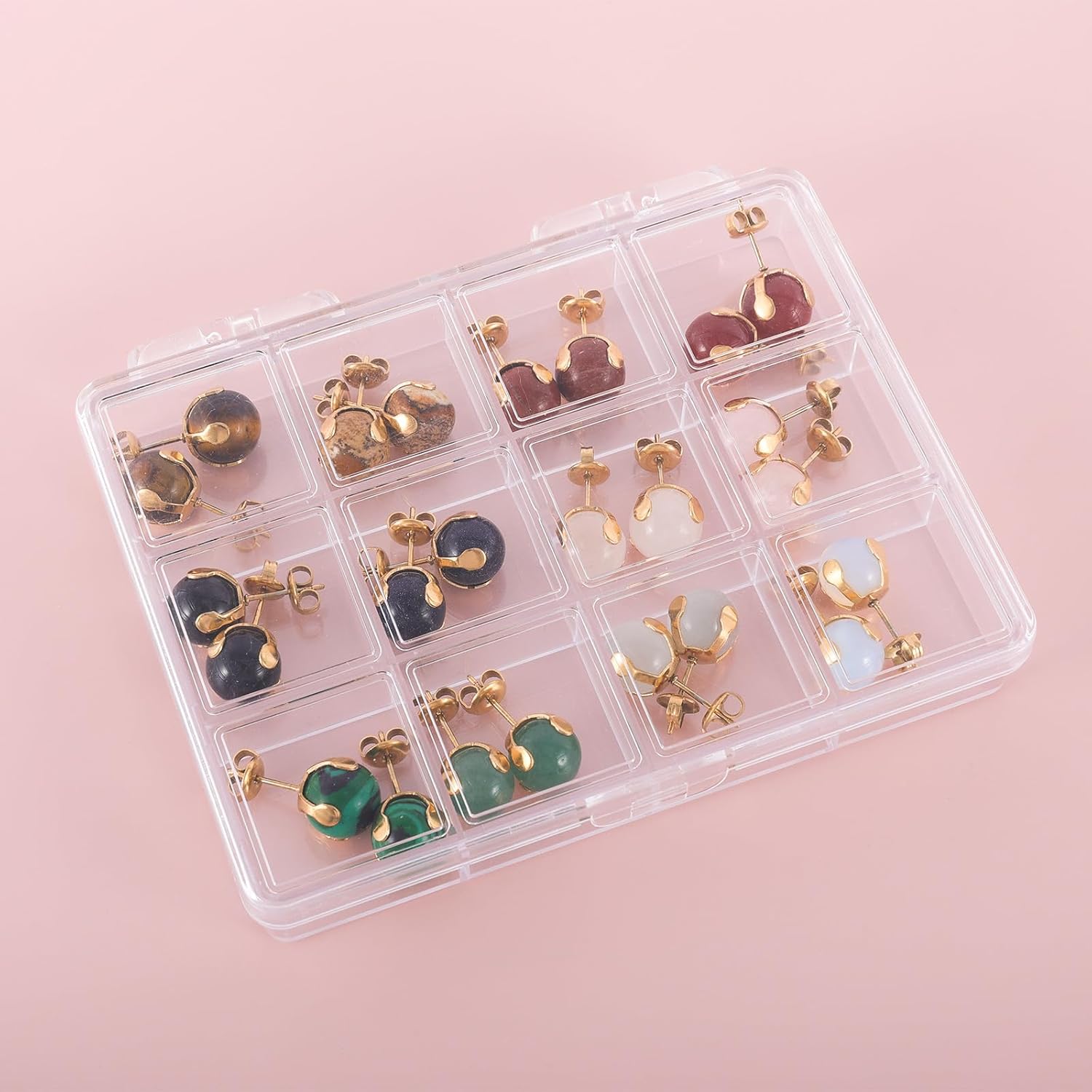 12 Pairs Multi Natural Gemstone Round Bead Ball Stud Earrings Stainless Steel Opal Tiger Eye Rose Quartz Onyx Stone Stud Earrings Set for Women - Image 5