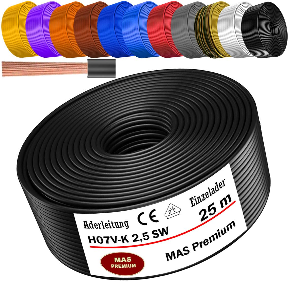 MAS Premium Câble conducteur H07 V-K de 5 à 100 m - 2,5 mm² - Noir, bleu clair, vert/jaune, rouge, bleu foncé, marron, orange, gris, blanc, violet ou jaune - Flexible (noir, 25 m).