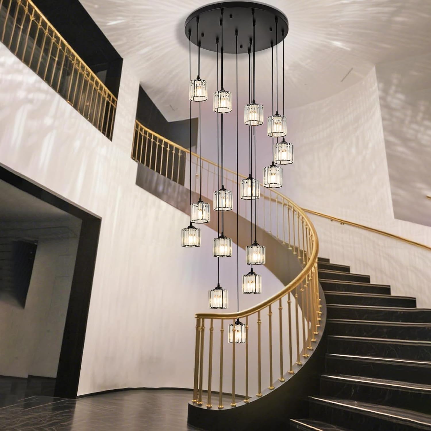 Nowoczesny kryształowy żyrandol, lampa wisząca w kształcie kropli deszczu, lampa sufitowa z regulowaną wysokością Odpowiednia do domów wiejskich, spiralnych klatek schodowych, salonów (15 lamp)
