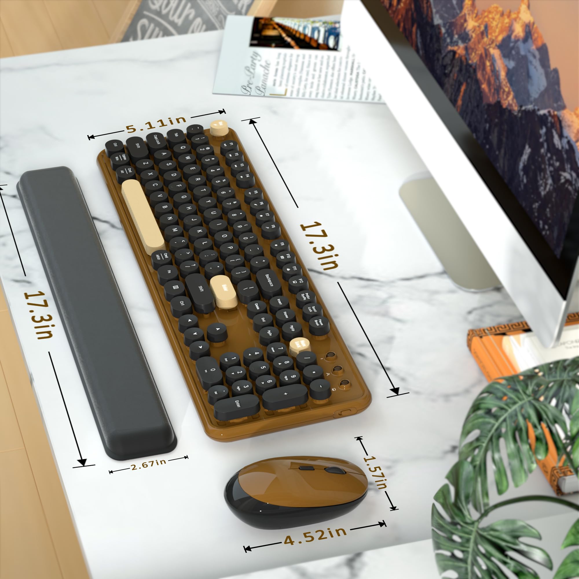 Bezprzewodowe klawiatury komputerowe, kombinacje myszy, kolorowa maszyna do pisania, retro klawiatura z okrągłymi nasadkami klawiszy, zestaw klawiatury i myszy USB 2,4 GHz, pełnowymiarowa