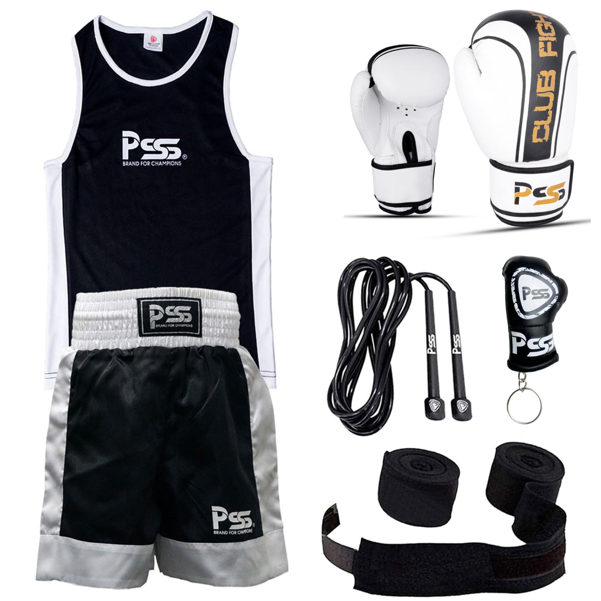 Prime Sports Shop Ultimate Kids Boxing Uniform Set of 5 Pcs Student Uniform age 3-14 Years Boxing Gloves 4-OZ Free Boxing Wraps Color White and Black 1006 (1006-White-CF-4OZ, 3-4 Years)