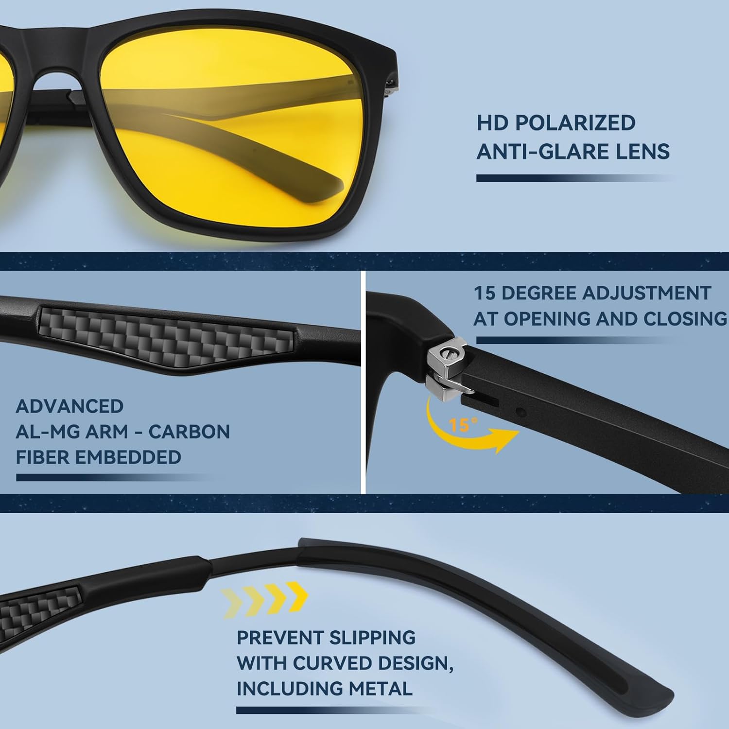 Dollger Square Polarized Night Driving Glasses for Men Women Shades with UV Protection