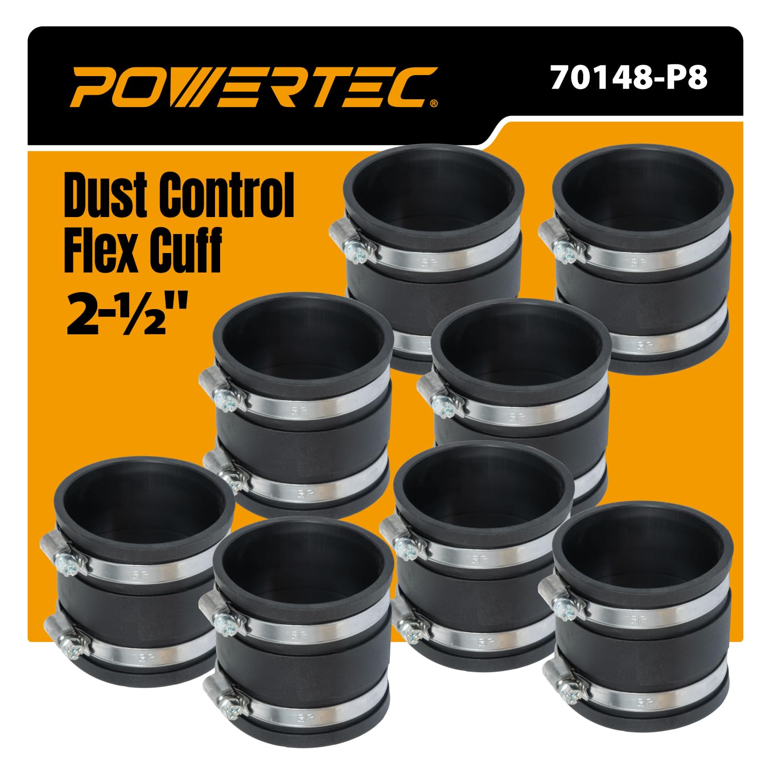 POWERTEC 70148-P8 2-1/2' Flex Cuff with Steel Hose Clamps (8-Pack)