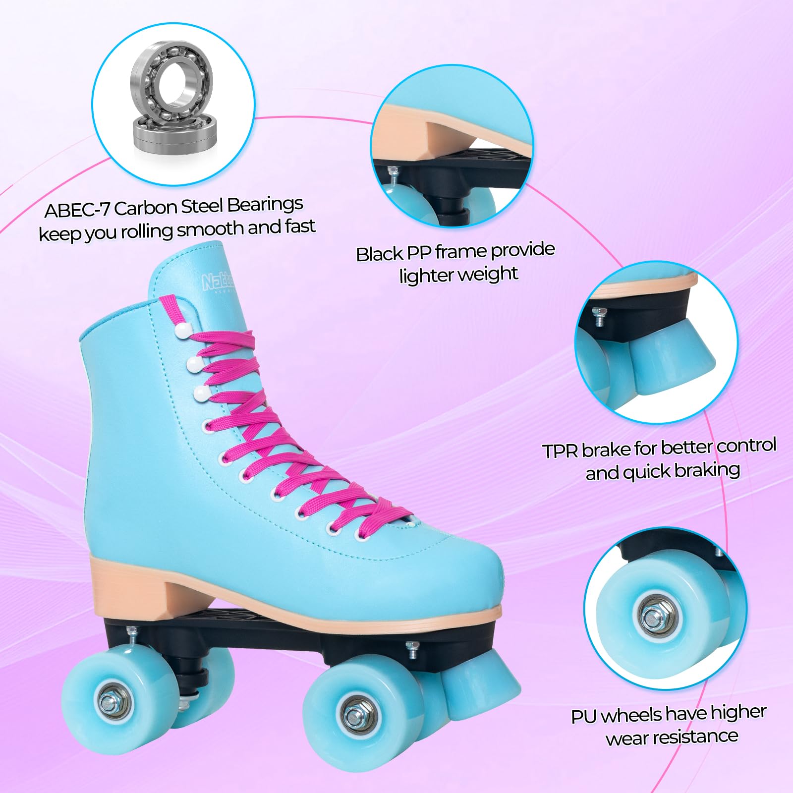 Nattork Roller Skates for Women Outdoor Fun Fashionable Roller Derby Skates for Men Girls Boys Pink Purple Blue Teal Yellow