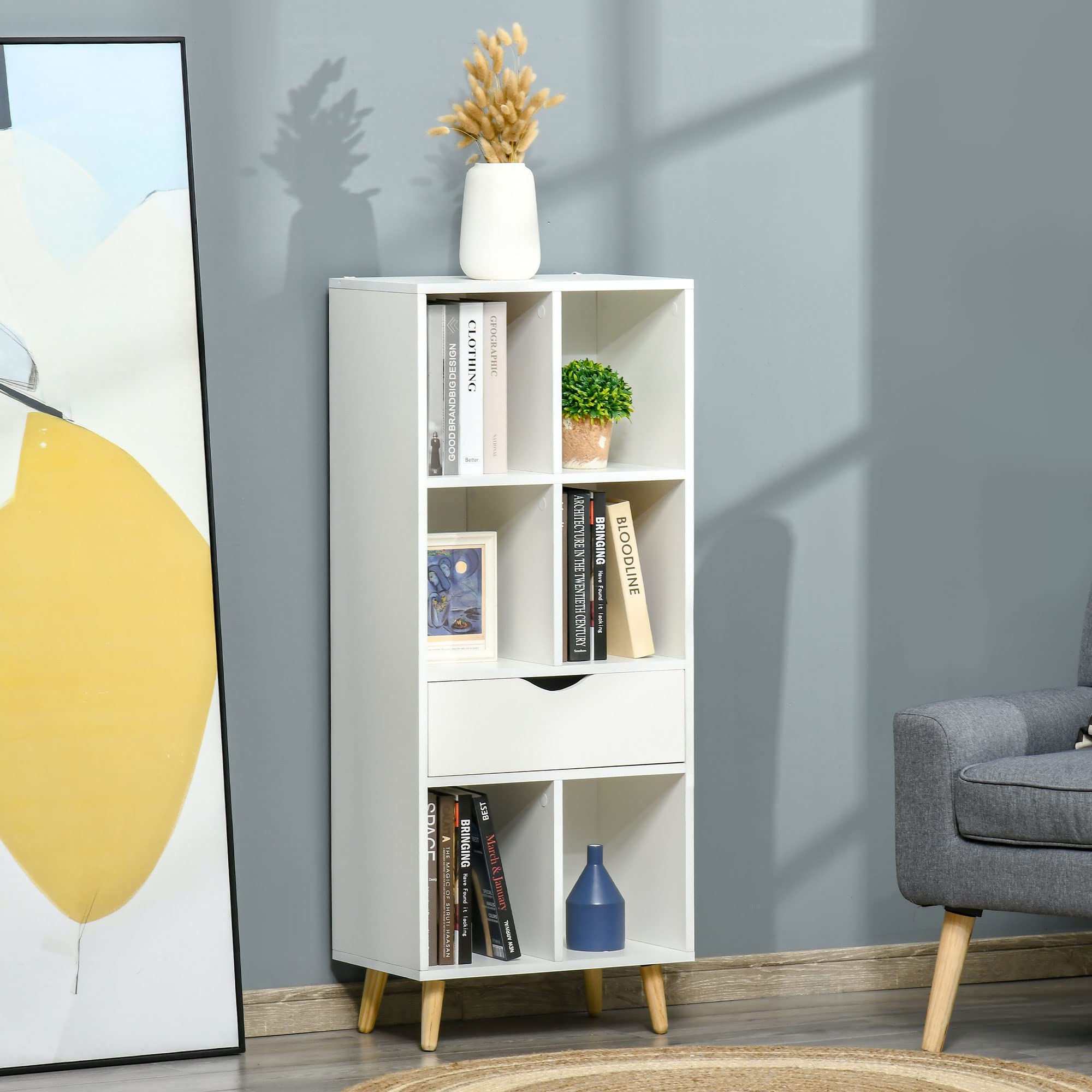 HOMCOM Librería Estantería para Libros con 1 Cajón 50x29,5x120 cm Blanco | Patas de Madera, 6 Compartimentos Abiertos, Almacenaje Plantas Archivos, para Salón Dormitorio Oficina