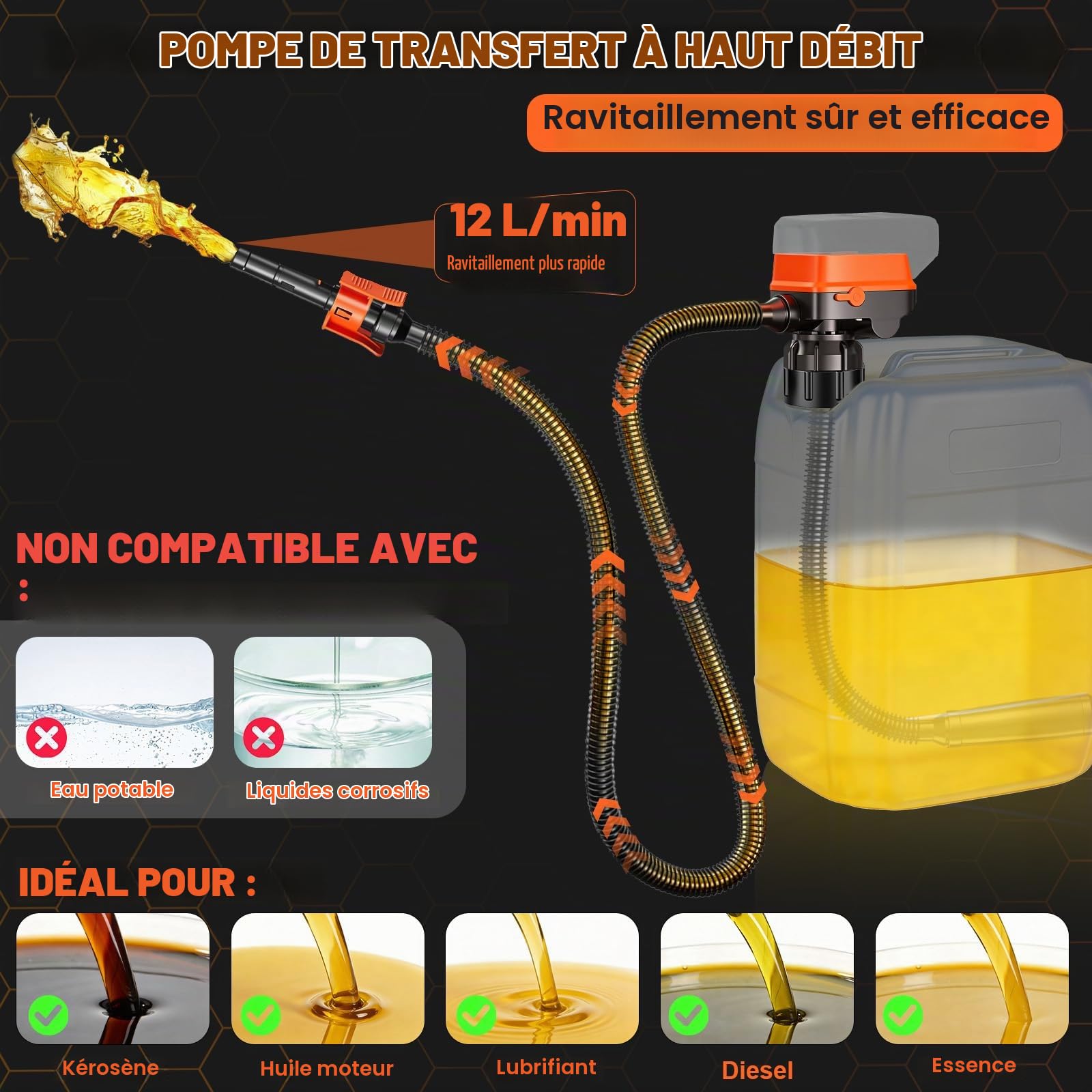 Pompe carburant arrêt automatique pour Dewalt 20 V Milwaukee 18 V batterie | Pompe de transfert portable pour essence, diesel, kérosène (12 L/min) avec tuyau, adaptateurs