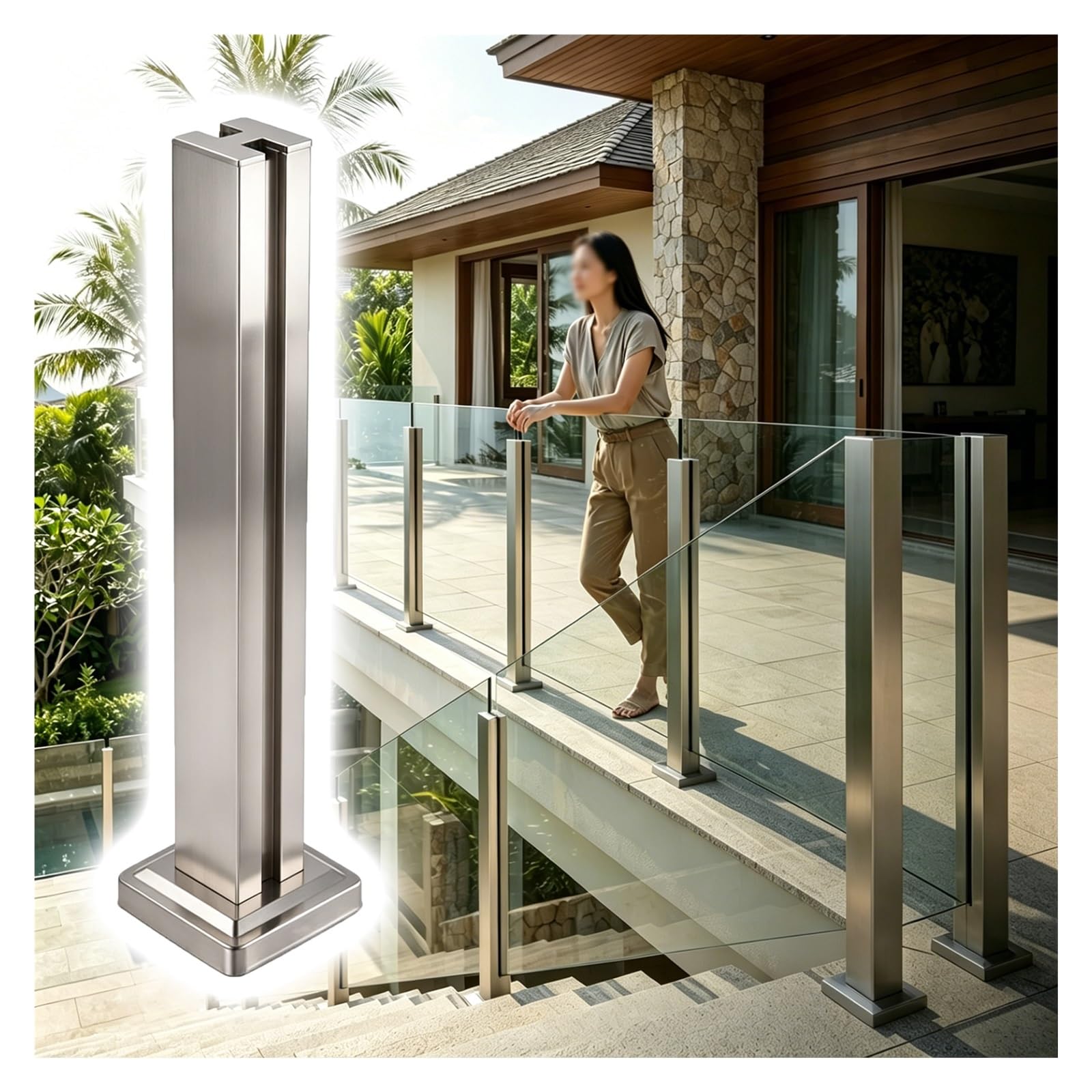 ZJKXJH Glass Fixing Railing Post, Glass Floor Fixed Column with Fittings, Frameless Panel Slot Post for Deck/Porch/Courtyard, Easy to Install(Middle Post-Silver,H-34in/86.4cm)