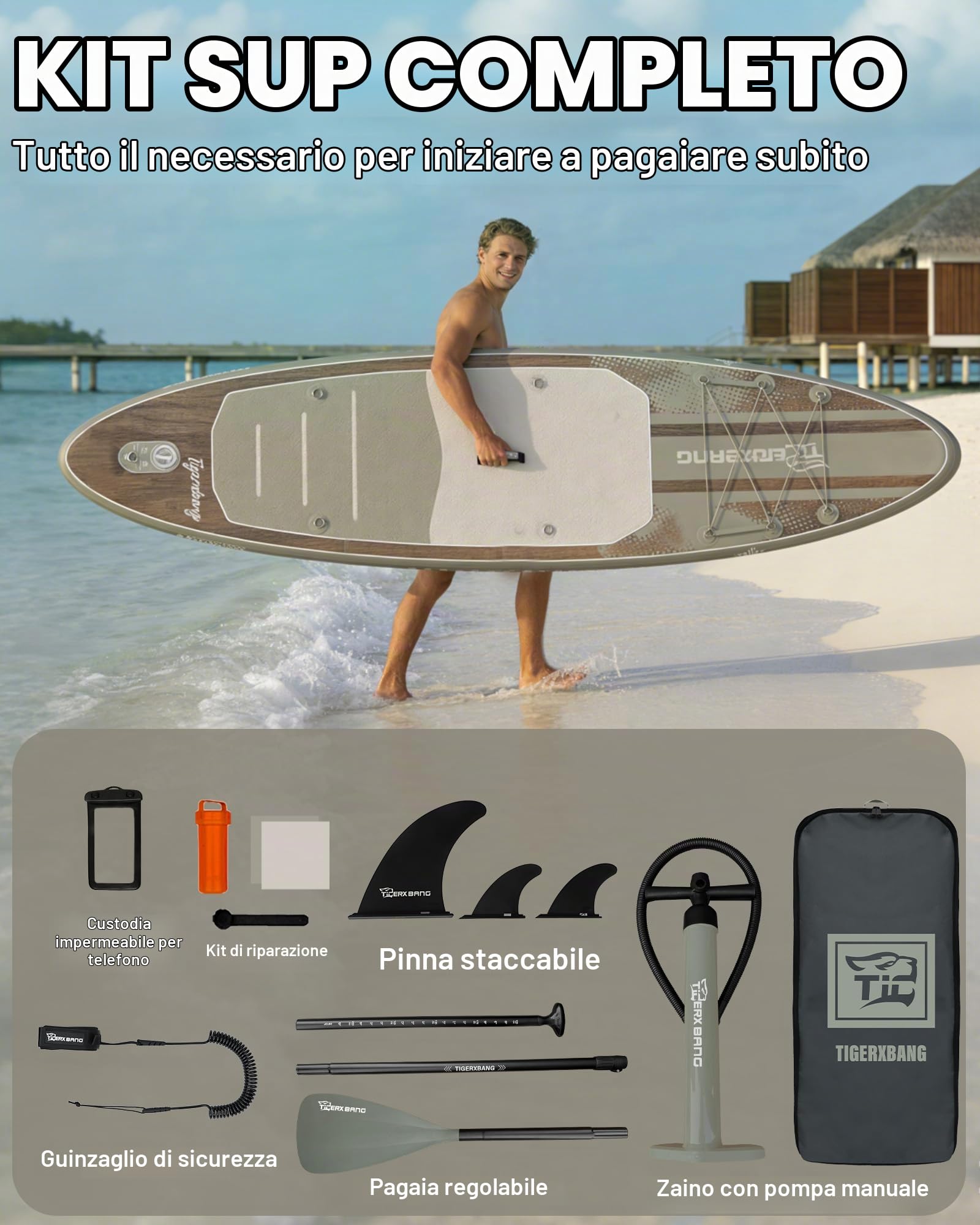 TIGERXBANG Tavola SUP Gonfiabile con Accessori, Stand Up Paddle Board Antiscivolo in EVA, SUP Gonfiabile 320cm per Adulti e Ragazzi, Ideale per Mare, Lago e Fiume