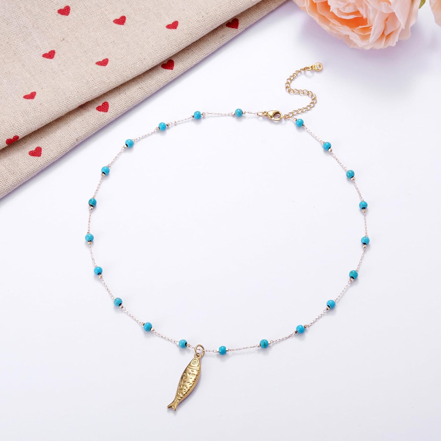 Kvekstio Turquoise Beaded Choker Necklace for Women, Gold Fish Pendant Necklace with Gold Chain, Elegant Boho Beach Summer Gift - Image 8