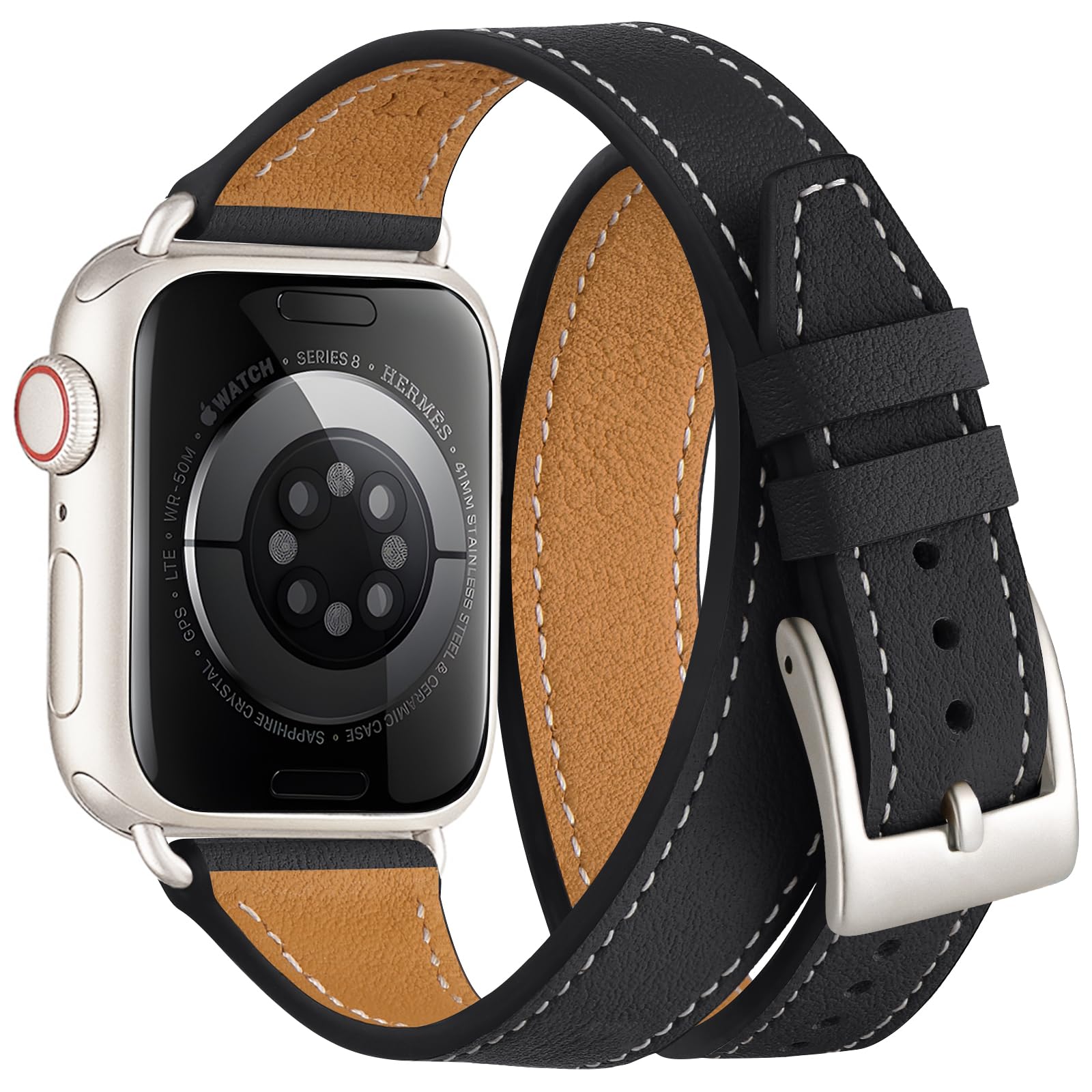 Bestig Bands Compatible with Apple Watch Band 49mm 46mm 45mm 44mm 42mm(Series 3 2 1) Women Men, Genuine Leather Double Tour Slim Strap for iWatch Ultra SE Series 10 9 8 7 6 5 4 (Black+Starlight)