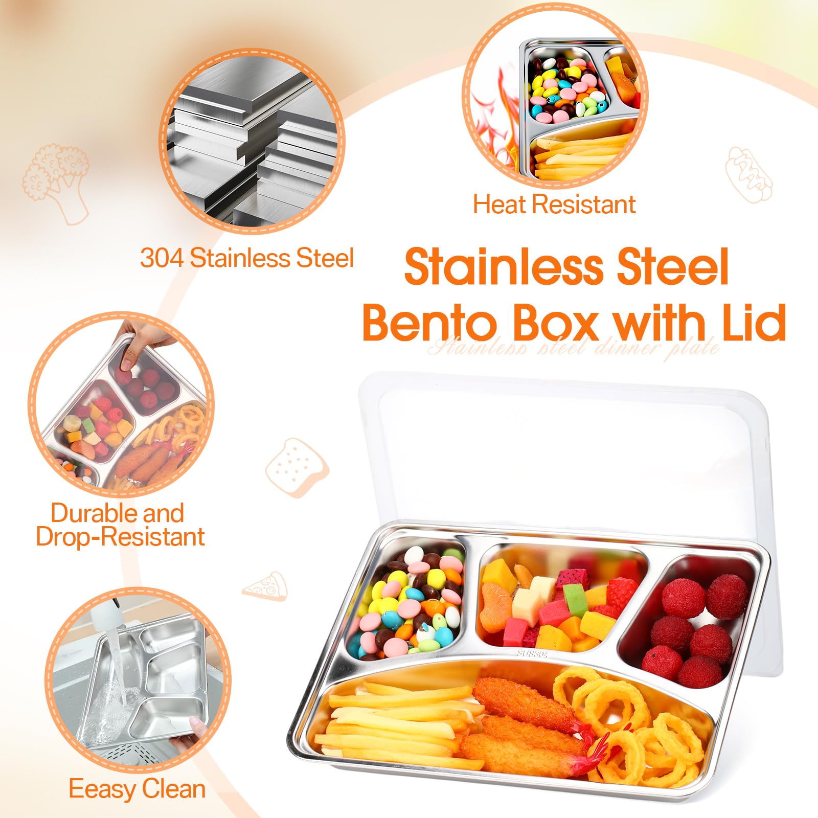 Patelai Lot de 6 boîtes à goûter en acier inoxydable avec couvercles transparents - 4 compartiments - Boîte à bento réutilisable - Pour le bureau, la maison, les voyages
