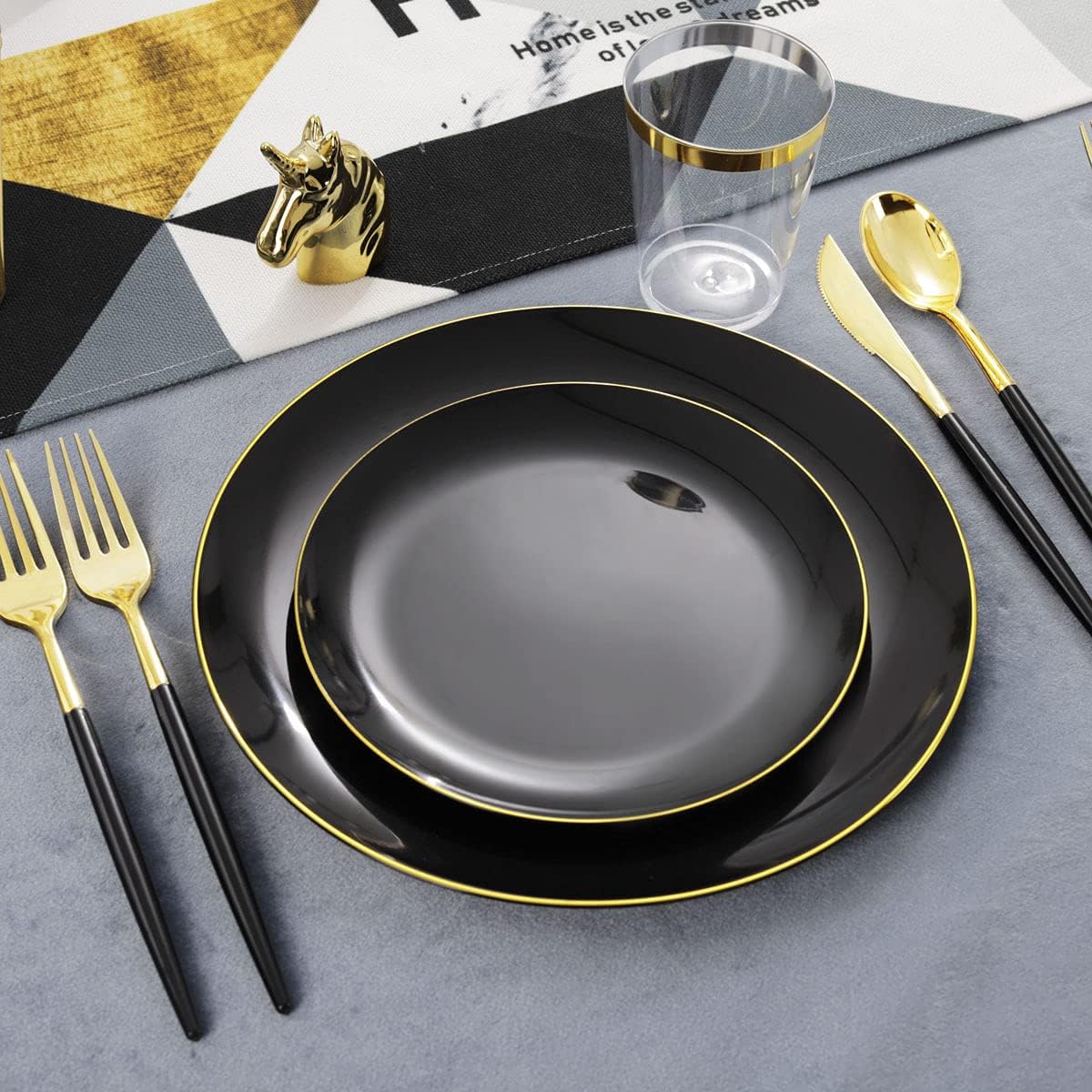 LIYH 180 Pcs Black Plastic Dinnerware Set with Gold Silverware, Black Plastic Plates Disposable Heavy Duty Disposable Utensils Set for Parties, Birthday