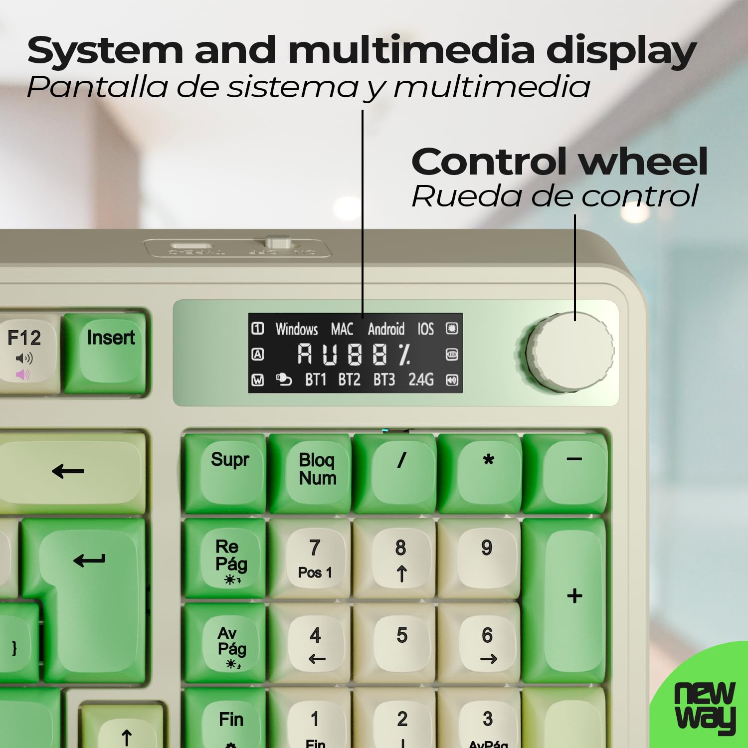 NEWWAY NK251 - Tastiera senza fili, ricaricabile, layout spagnolo QWERTY - Tripla modalità WiFi 2.4GHz / BT/USB-C - Display Digitale - Rotella Multifunzione - Retroilluminazione RGB - Ricevitore