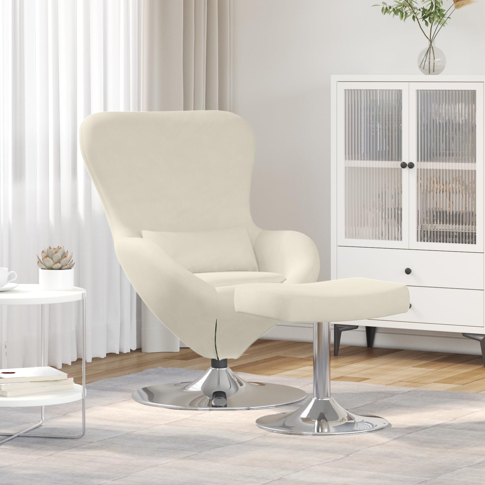 Moderna silla de huevo con reposapiés en terciopelo crema, reposabrazos ajustables y asiento ergonómico para relajación y comodidad, acolchado suave y diseño elegante