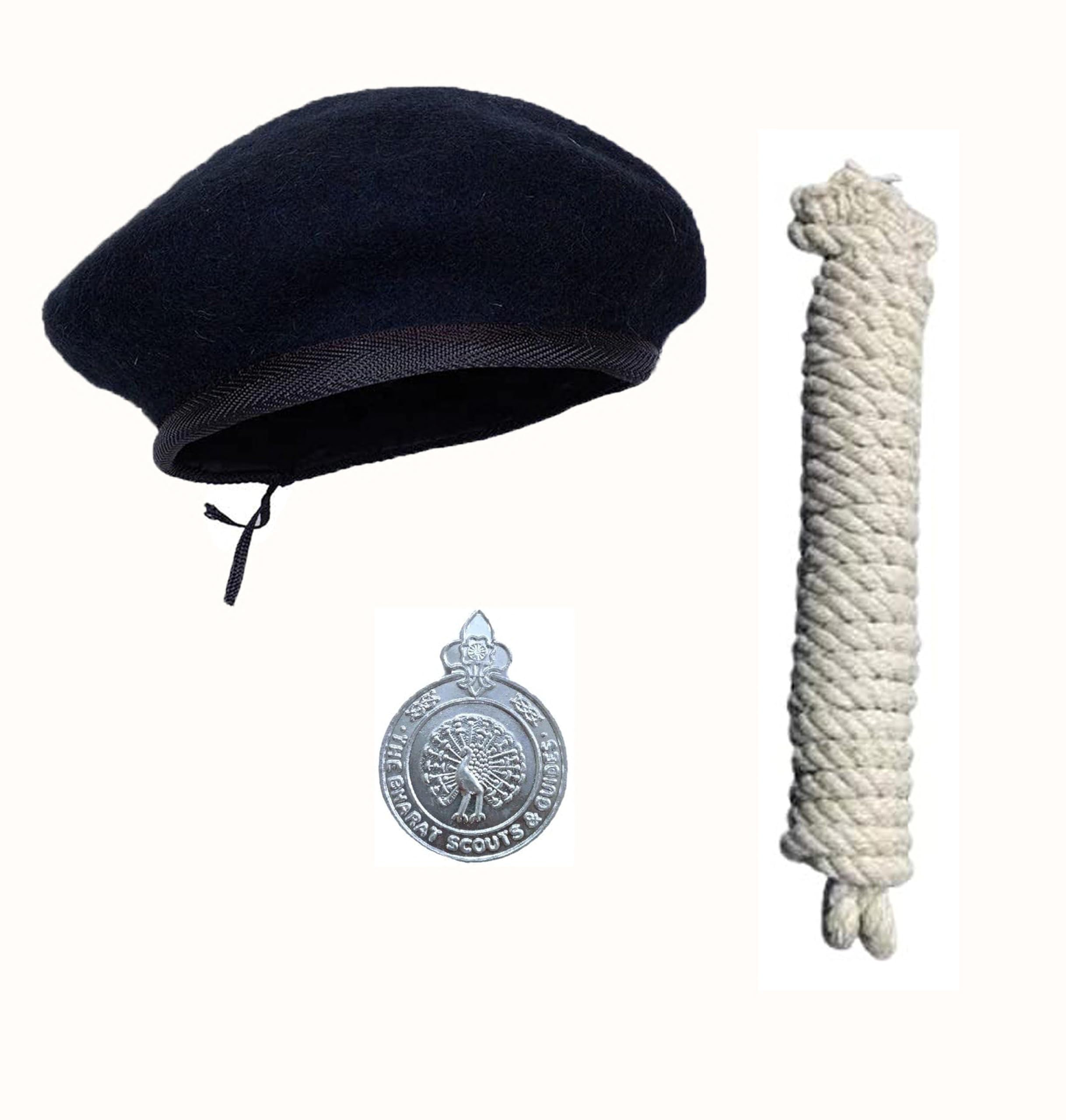 Quality FabBoy's Wool Blend Scout and Guide Uniform Accessories Set Cap + Cap Badge + Rope Pack Of 3, Free Size, Assorted