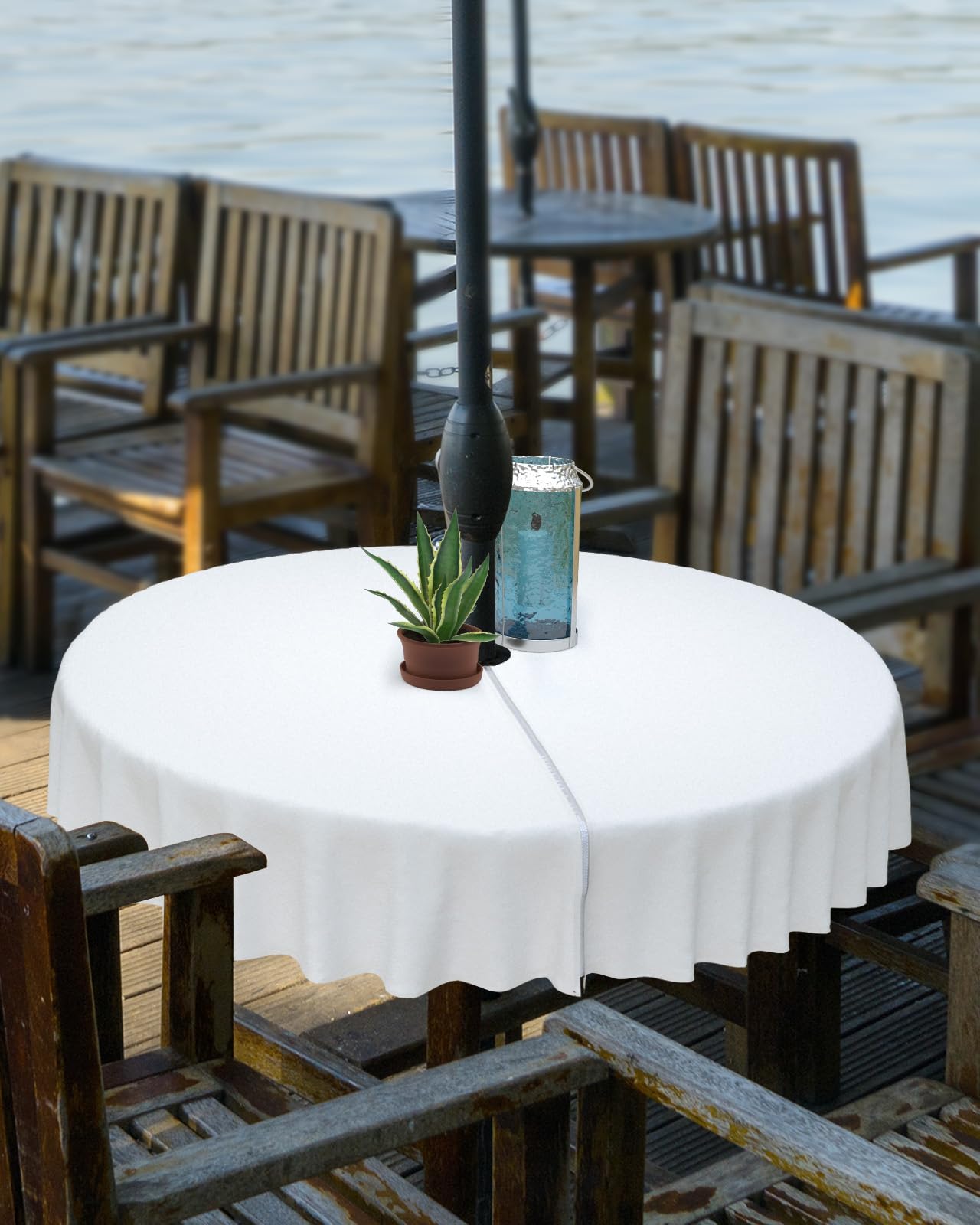 Solid White Outdoor Round Tablecloth with Umbrella Hole 54 Inch,Wrinkle Free Wipeable Fabric Table Cloth Waterproof Zippered Cover for Patio Party,French Country Rustic Classic Colored Art Decor : Patio, Lawn
