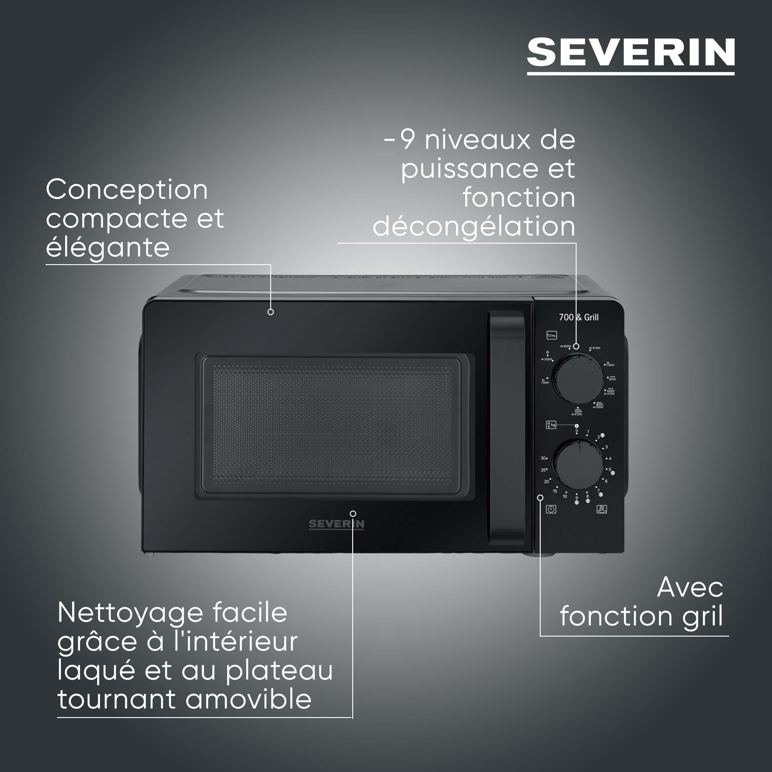 SEVERIN Four Micro-ondes, Gril 900W, 19 L, 9 niveaux de puissance, Minuteur 30 min, Plateau tournant amovible (Ø24,5cm), Noir, MW 9182