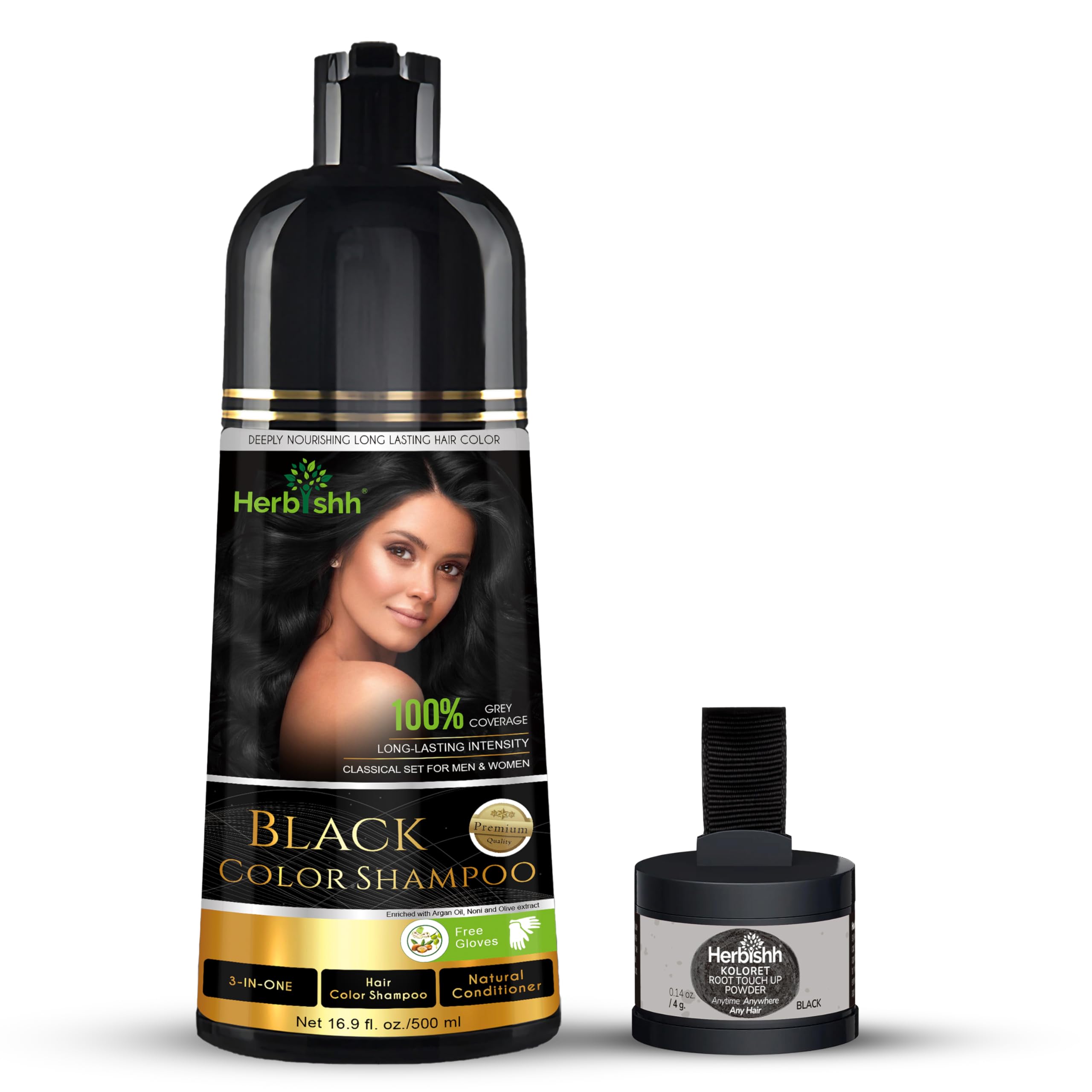 Herbishh Hair Color Shampoo for Gray Hair – Magic Hair Dye Shampoo 500ml Black + Koloret Root Touch Up Powder– Natural Black Powder for Women & Men 4g
