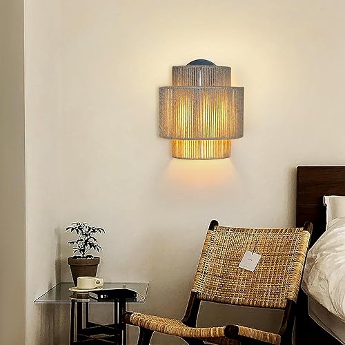 Miniatura 2 de Hodevimall Lámpara de pared con cuerda de cáñamo, apliques de pared inalámbricos para dormitorio, estilo rústico de granja, vintage, para